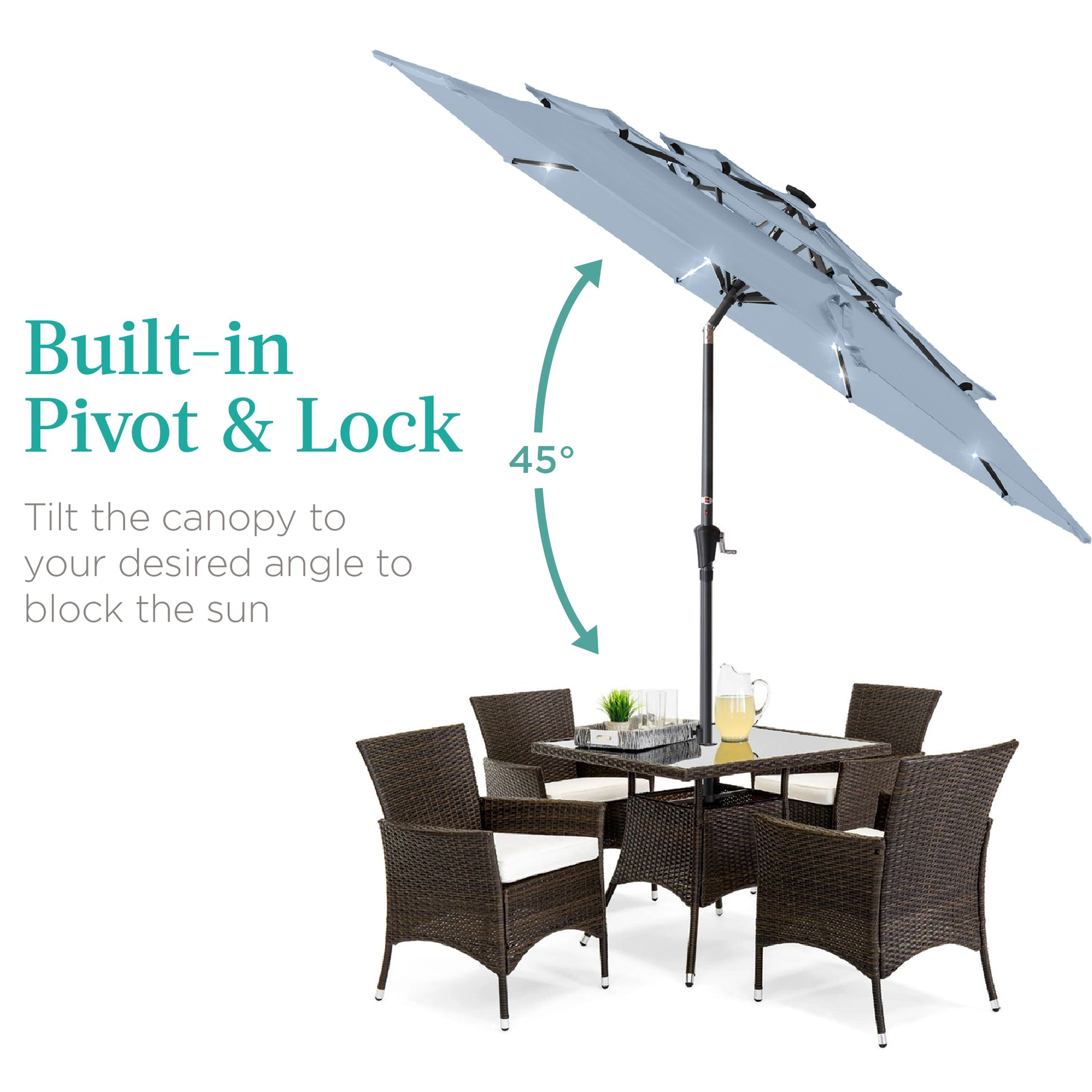 3-Tier Solar Patio Umbrella w/ LED Lights, Tilt Adjustment, Crank - 10ft