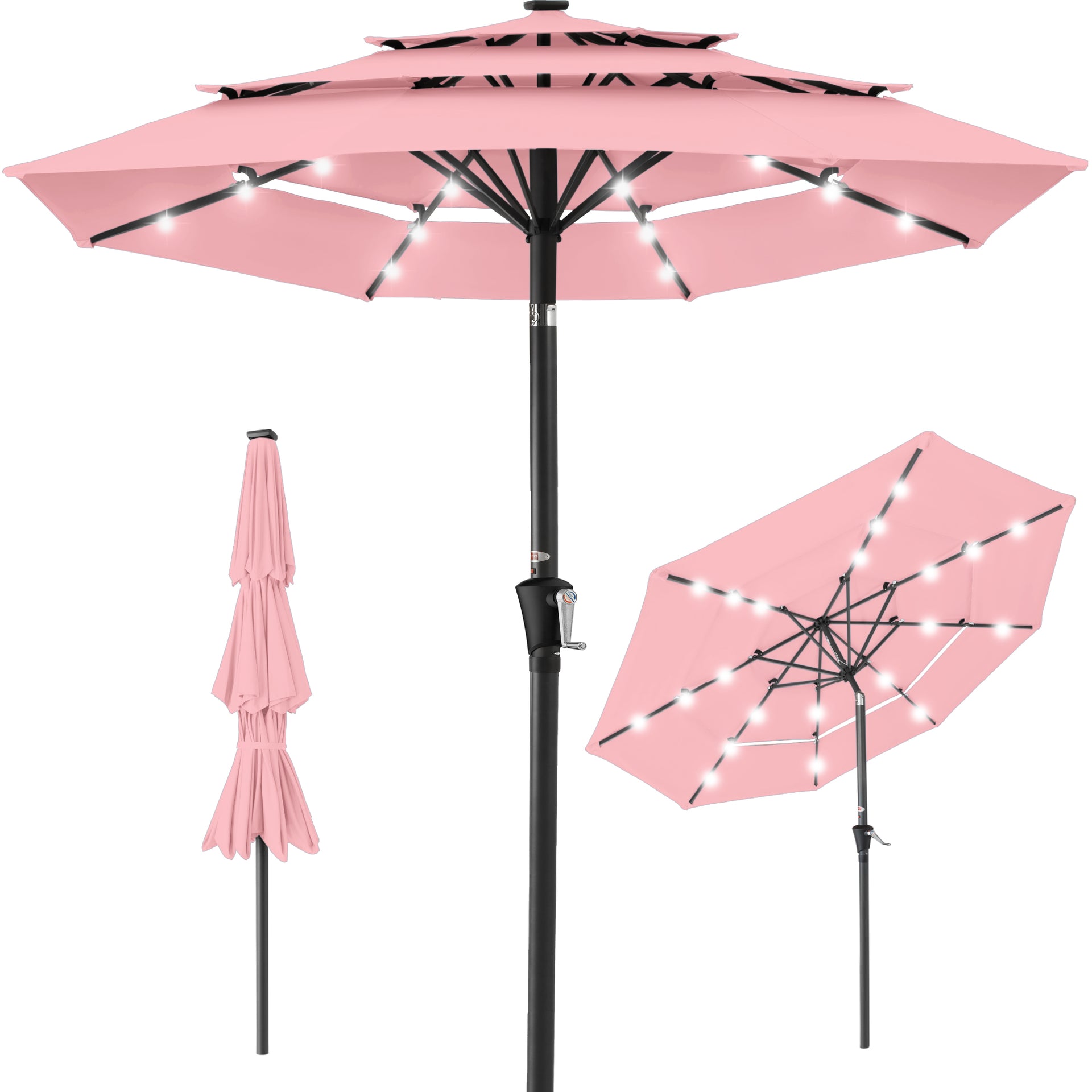 3-Tier Solar Patio Umbrella w/ LED Lights, Tilt Adjustment, Crank