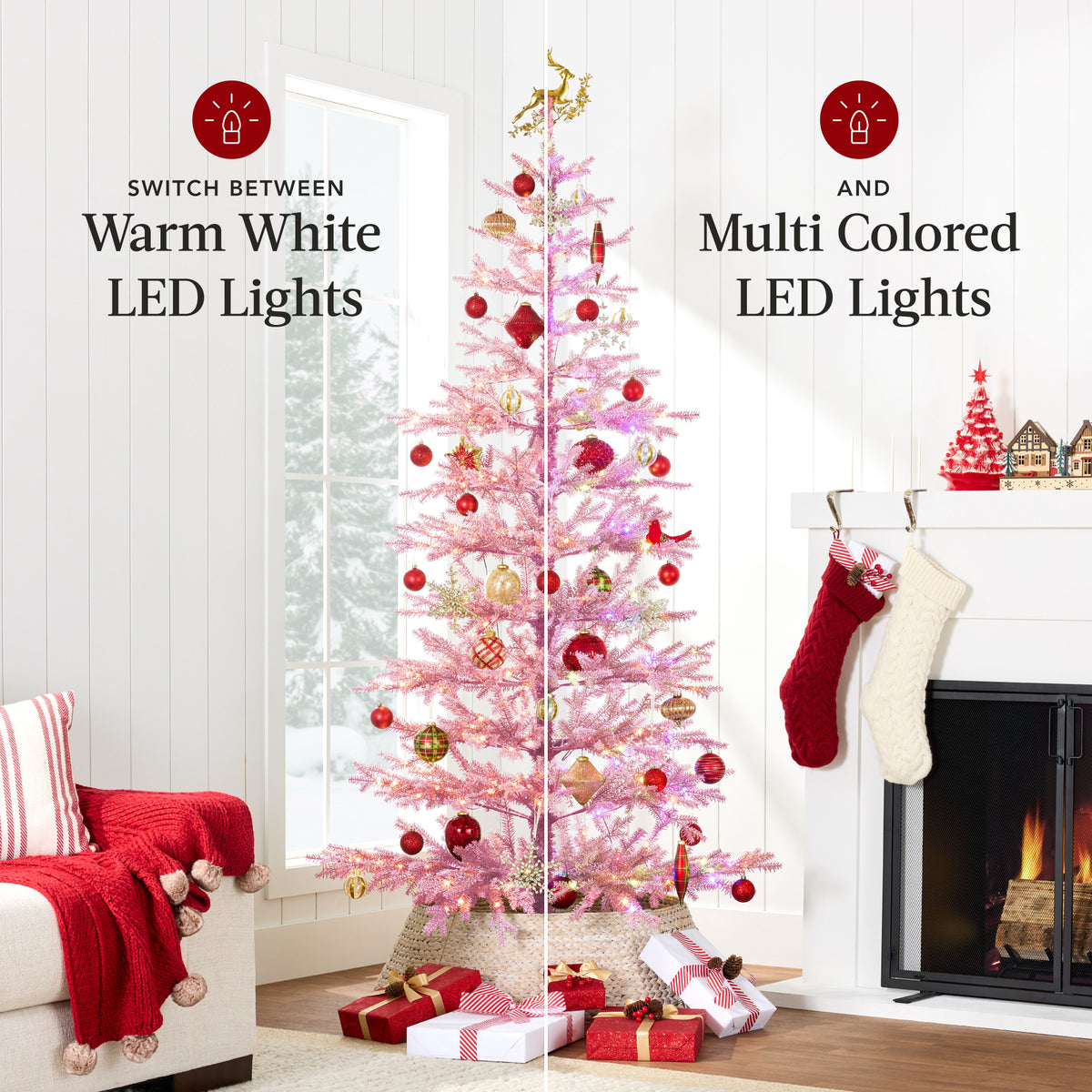 Pink Pre-Lit Sparse Flocked Christmas Tree w/ 2-in-1 LEDs, Cordless Connection