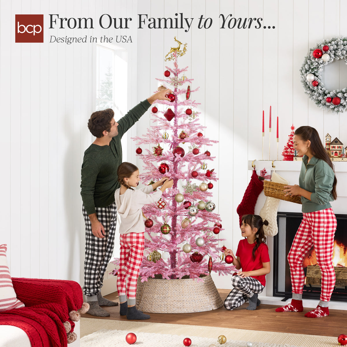 Pink Pre-Lit Sparse Flocked Christmas Tree w/ 2-in-1 LEDs, Cordless Connection