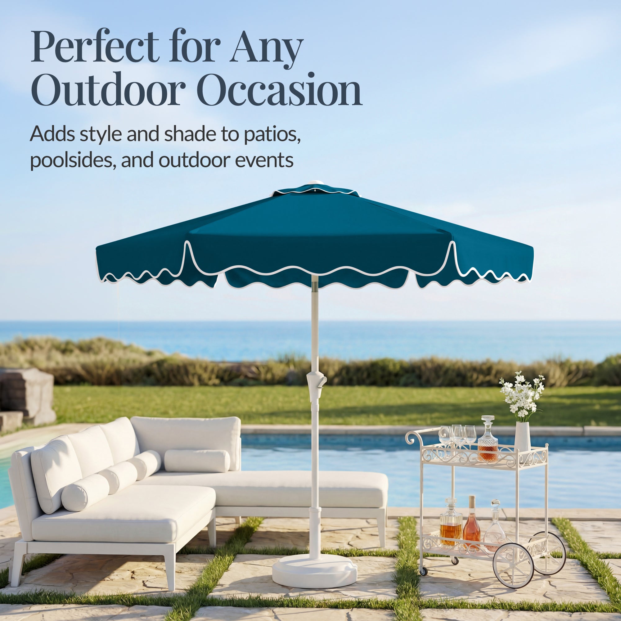7.5ft Patio Market Umbrella,Wavy Trim, UV-Fade-Resistant, Crank & Tilt
