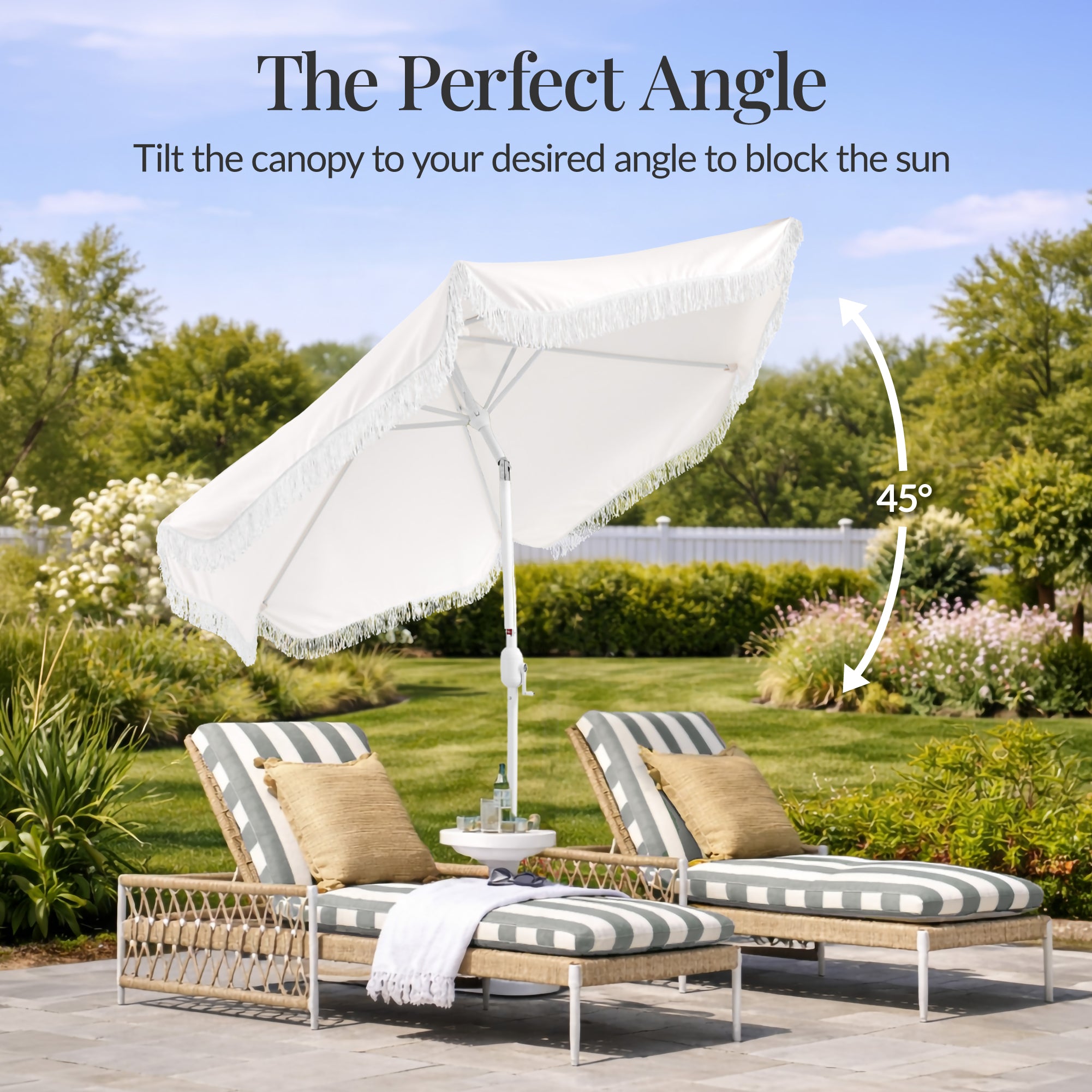 7.5ft Boho Fringe Umbrella  Tilt, UPF50+, Steel Pole