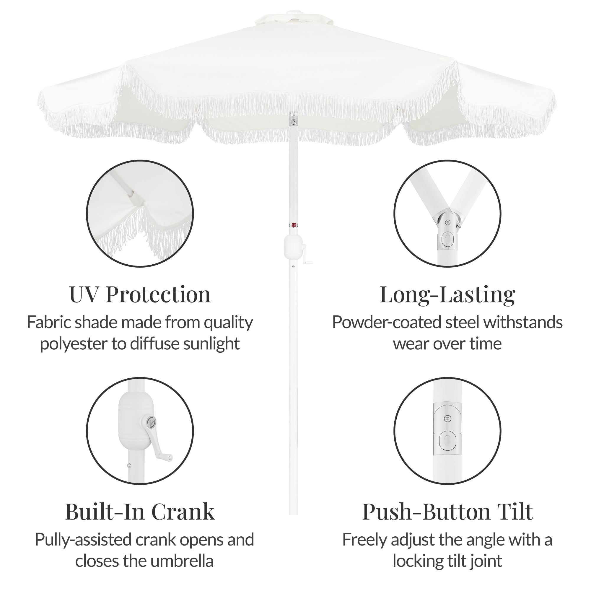 7.5ft Boho Fringe Umbrella  Tilt, UPF50+, Steel Pole