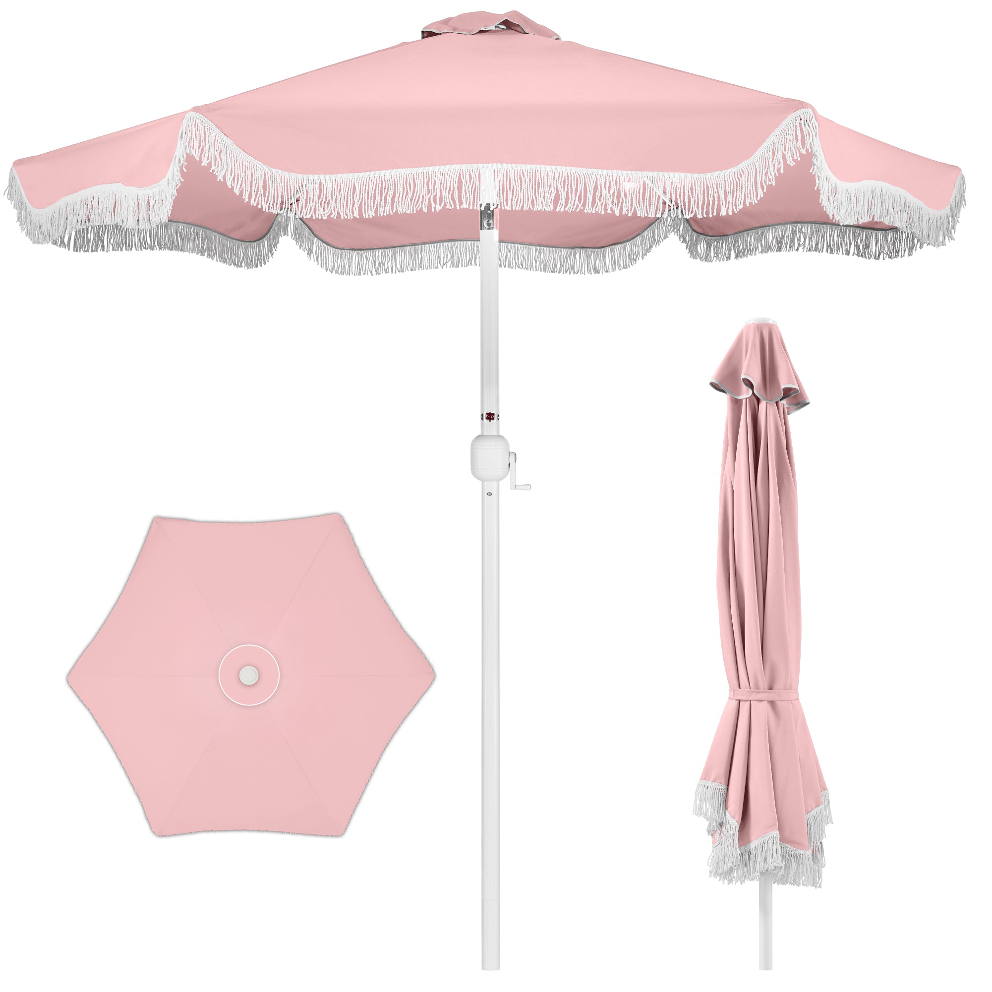 7.5ft Boho Fringe Umbrella  Tilt, UPF50+, Steel Pole