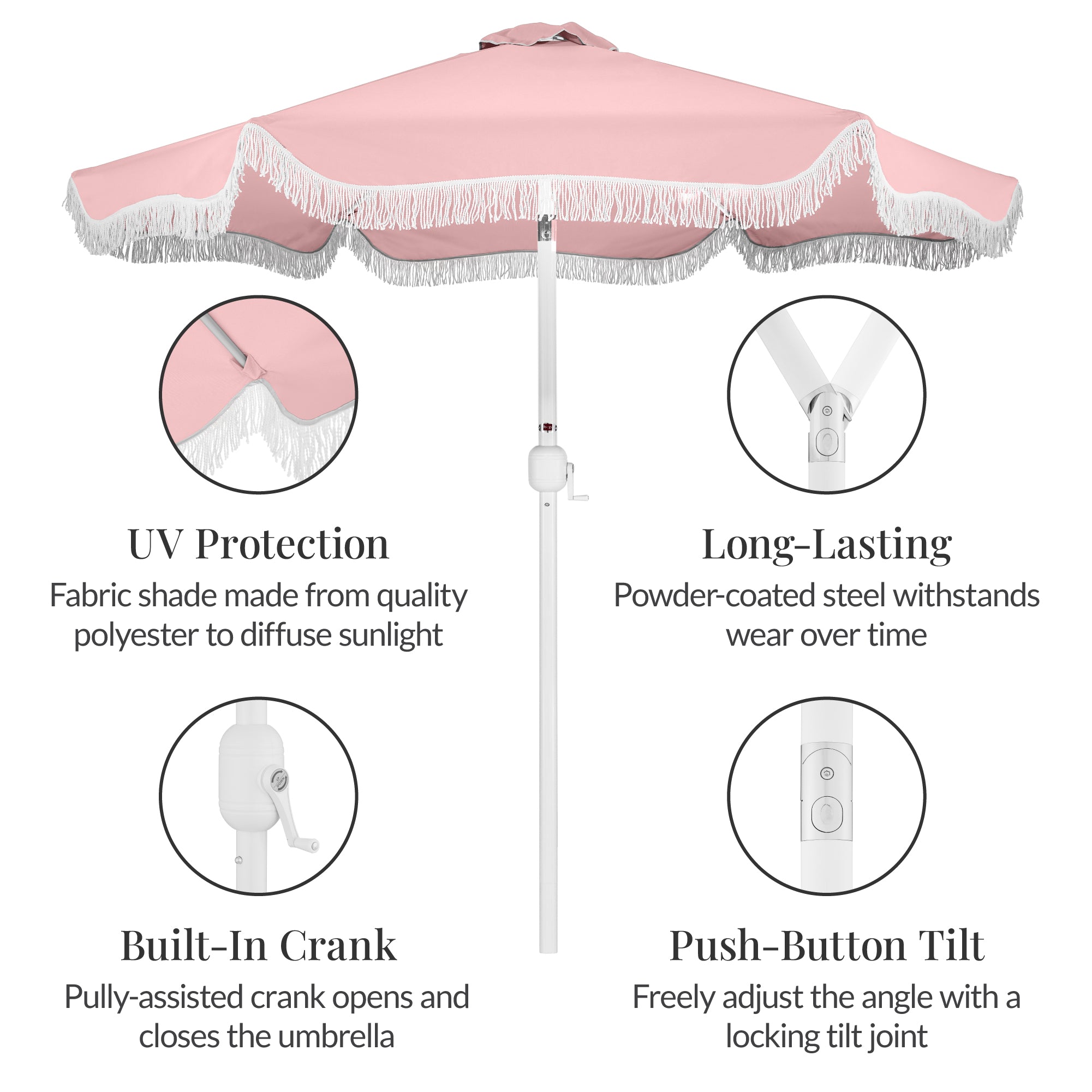 7.5ft Boho Fringe Umbrella  Tilt, UPF50+, Steel Pole