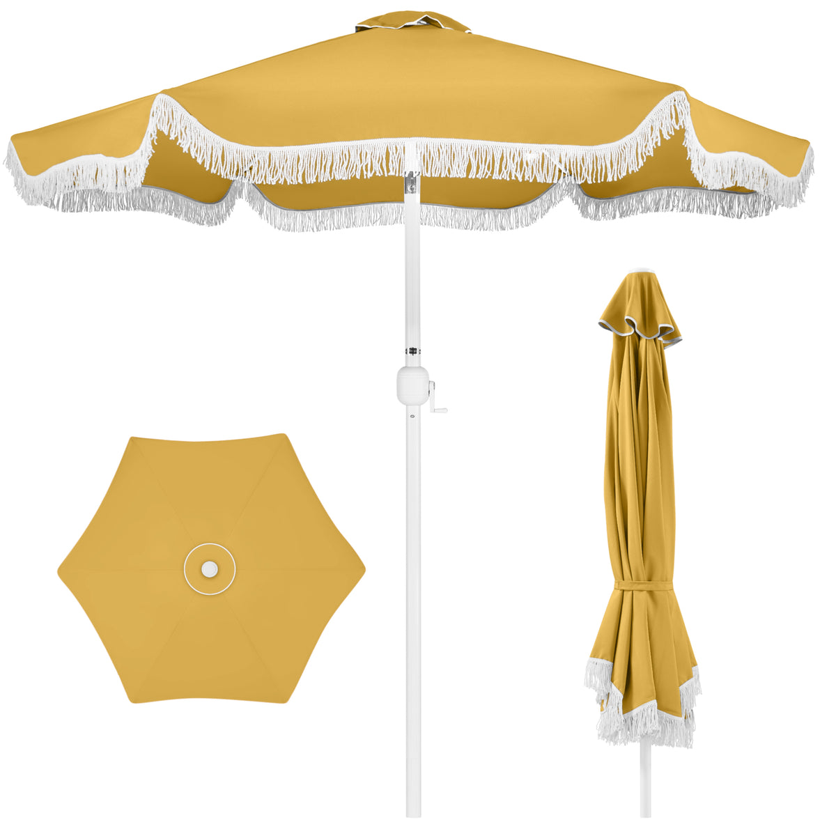 7.5ft Boho Fringe Umbrella  Tilt, UPF50+, Steel Pole