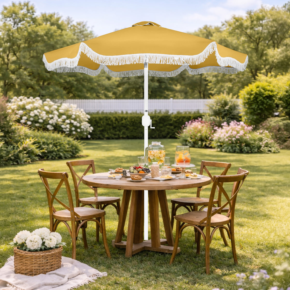 7.5ft Boho Fringe Umbrella  Tilt, UPF50+, Steel Pole