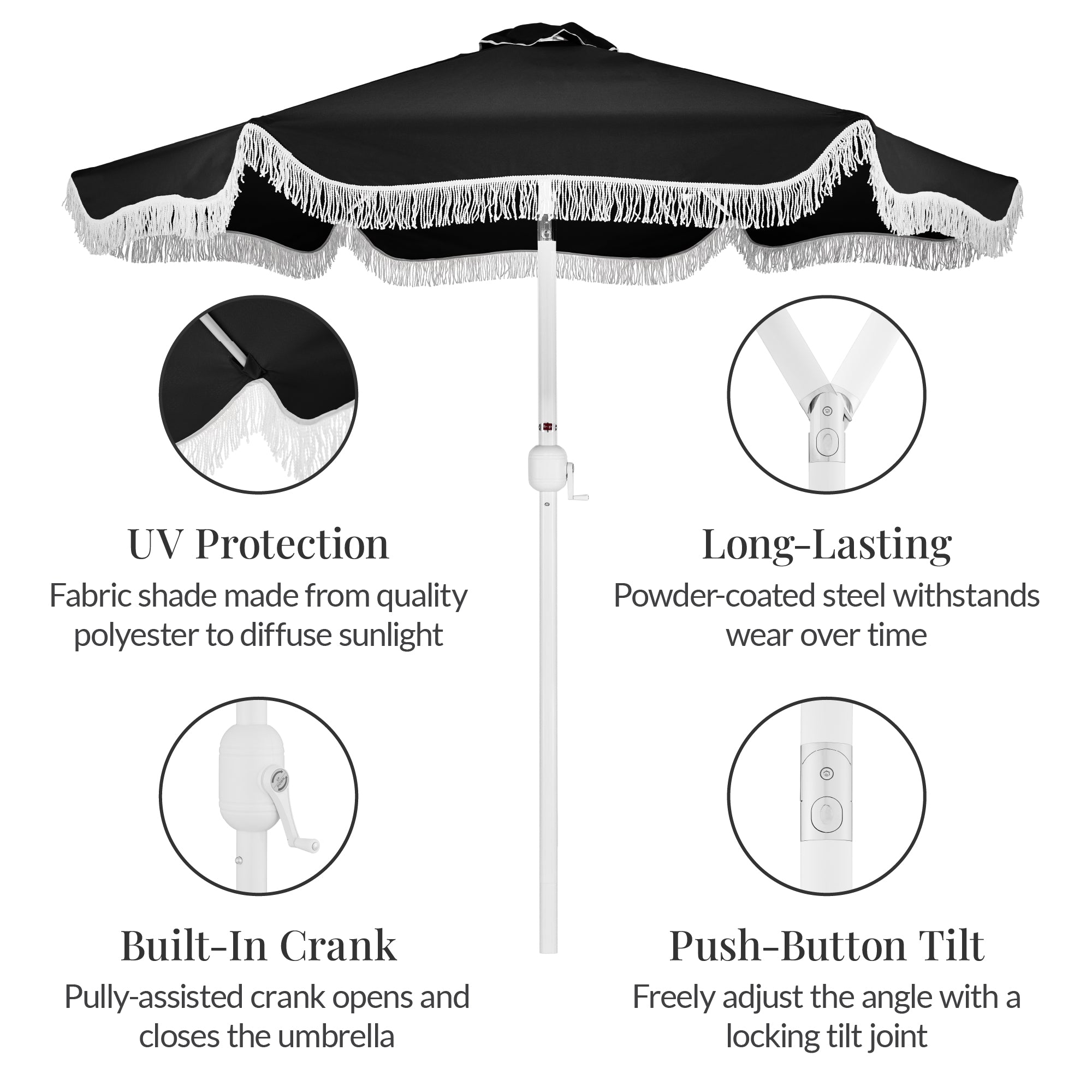 9ft Boho Fringe Umbrella  Tilt, UPF50+, Steel Pole