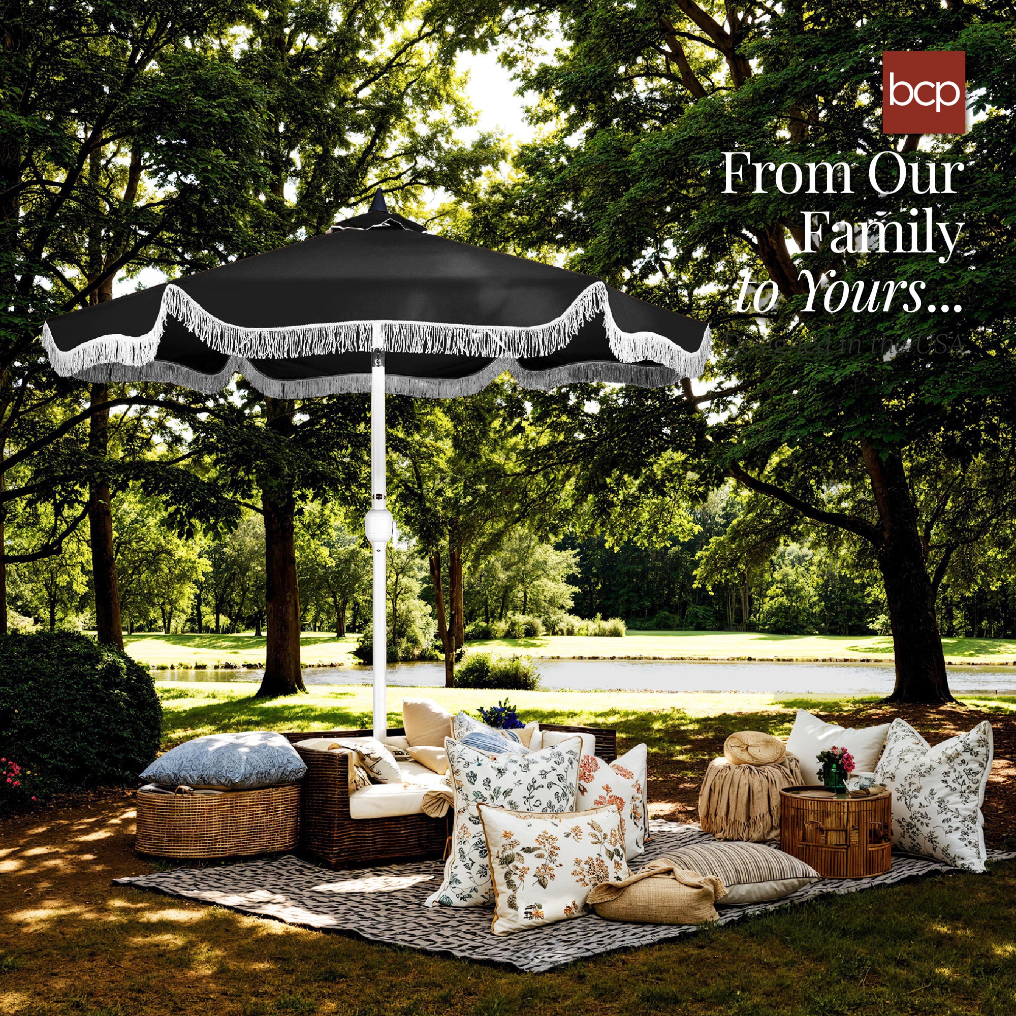 9ft Boho Fringe Umbrella  Tilt, UPF50+, Steel Pole