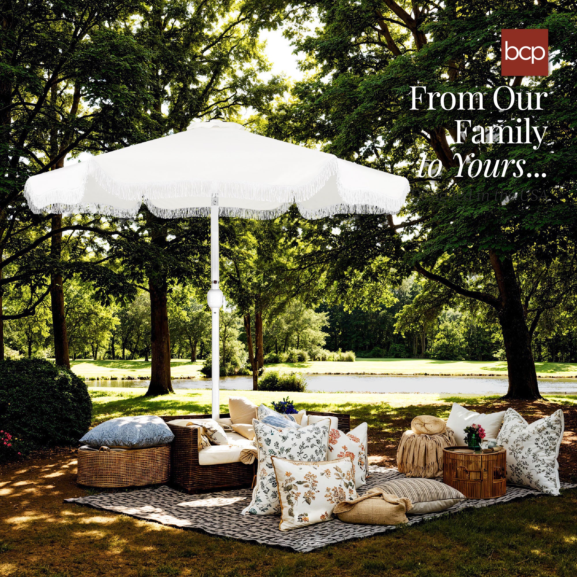 9ft Boho Fringe Umbrella  Tilt, UPF50+, Steel Pole