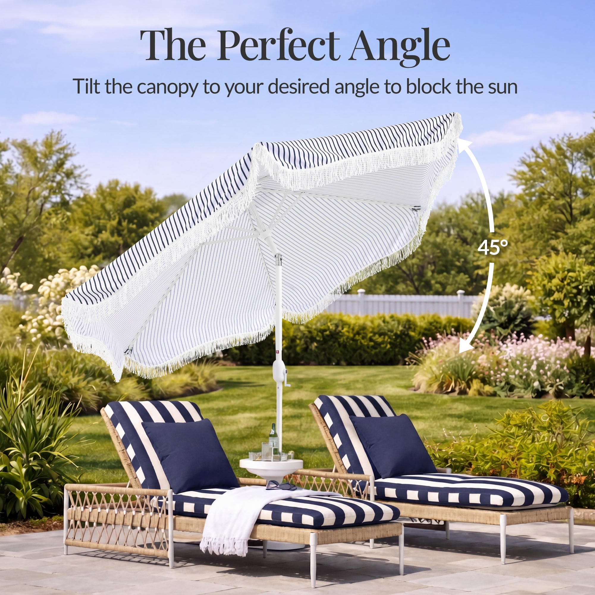 9ft Boho Fringe Umbrella  Tilt, UPF50+, Steel Pole