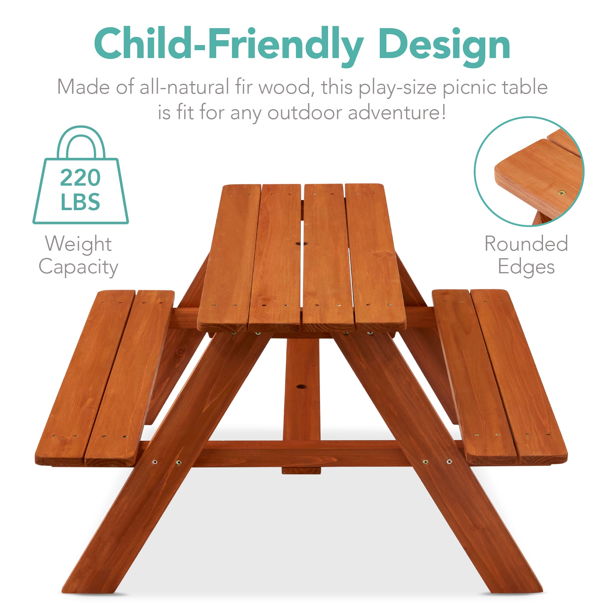 Kids Wooden Outdoor Picnic Table w/ Adjustable Umbrella, Built-In