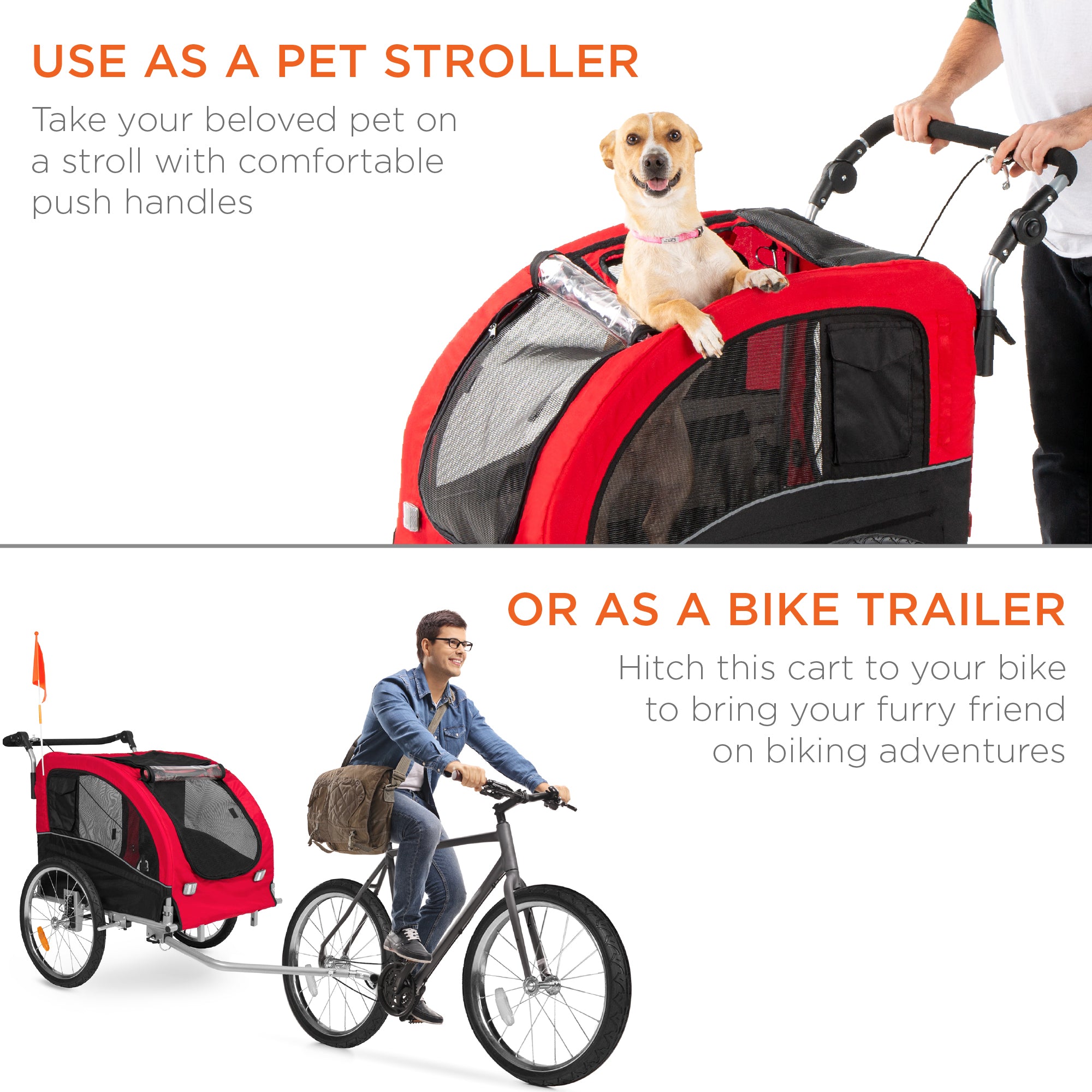 Aosom Dog Bike Trailer with Suspension System, Hitch for Medium Dogs, Pet Wagon & Dog Trailer for Bicycle with Storage Pocket - Red