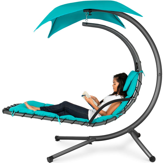 Hanging Curved Chaise Lounge Chair w/ Built-In Pillow, Removable Canopy
