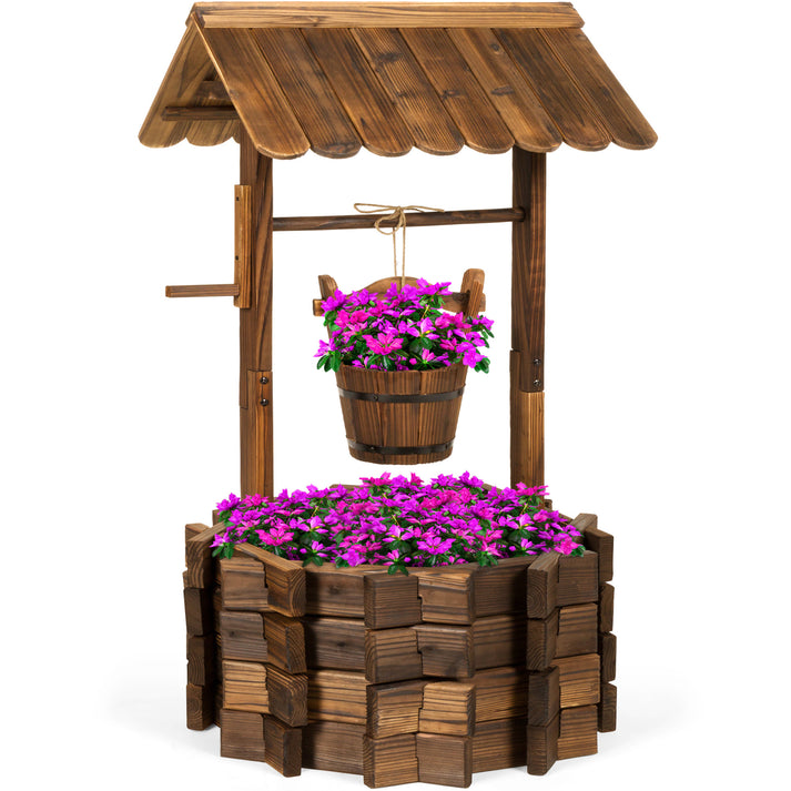 Rustic Wooden Wishing Well Planter Yard Decoration w/ Hanging ...