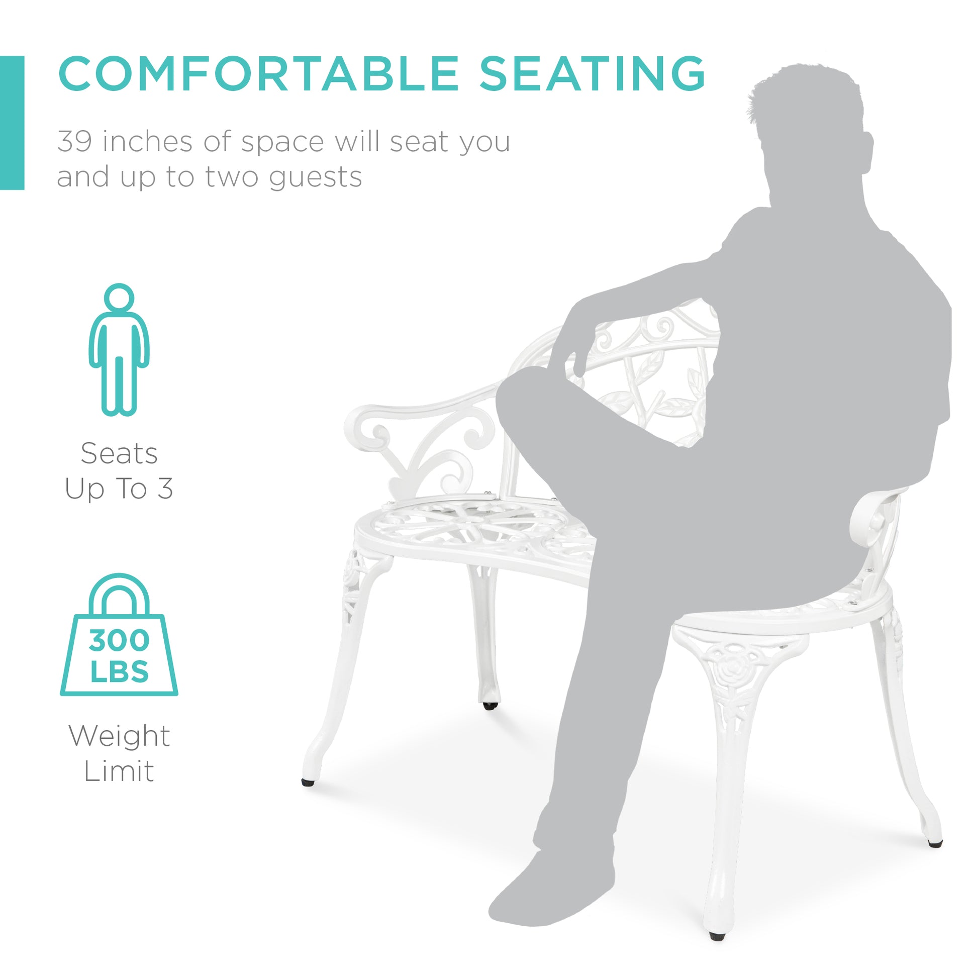 Steel Garden Bench Outdoor Patio Furniture w/ Floral Rose Accent  - 39in