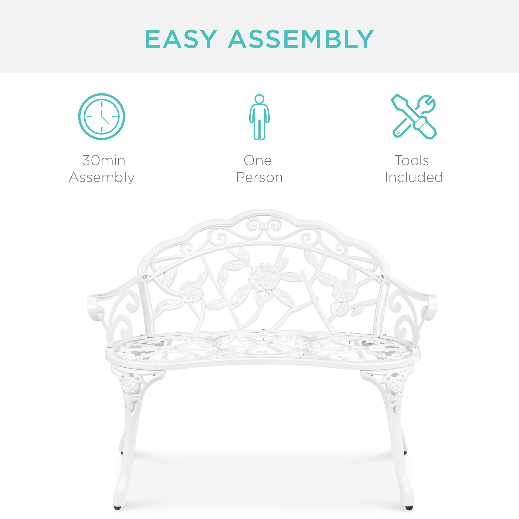 Steel Garden Bench Outdoor Patio Furniture w/ Floral Rose Accent  - 39in