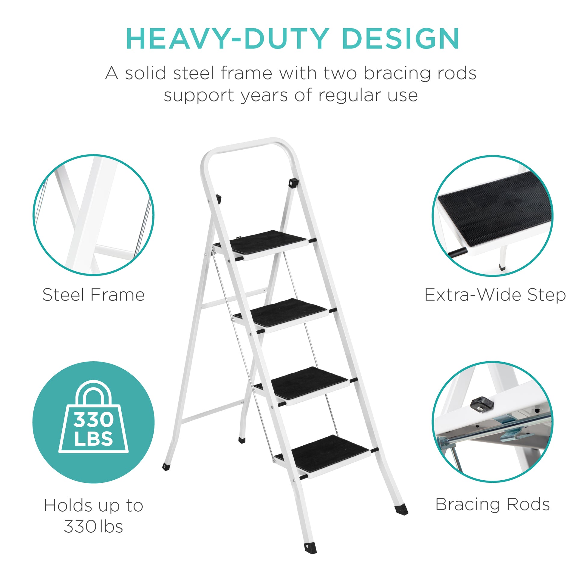 Folding Steel 4-Step Ladder w/ Hand Rail, Wide Steps, 330lbs Capacity