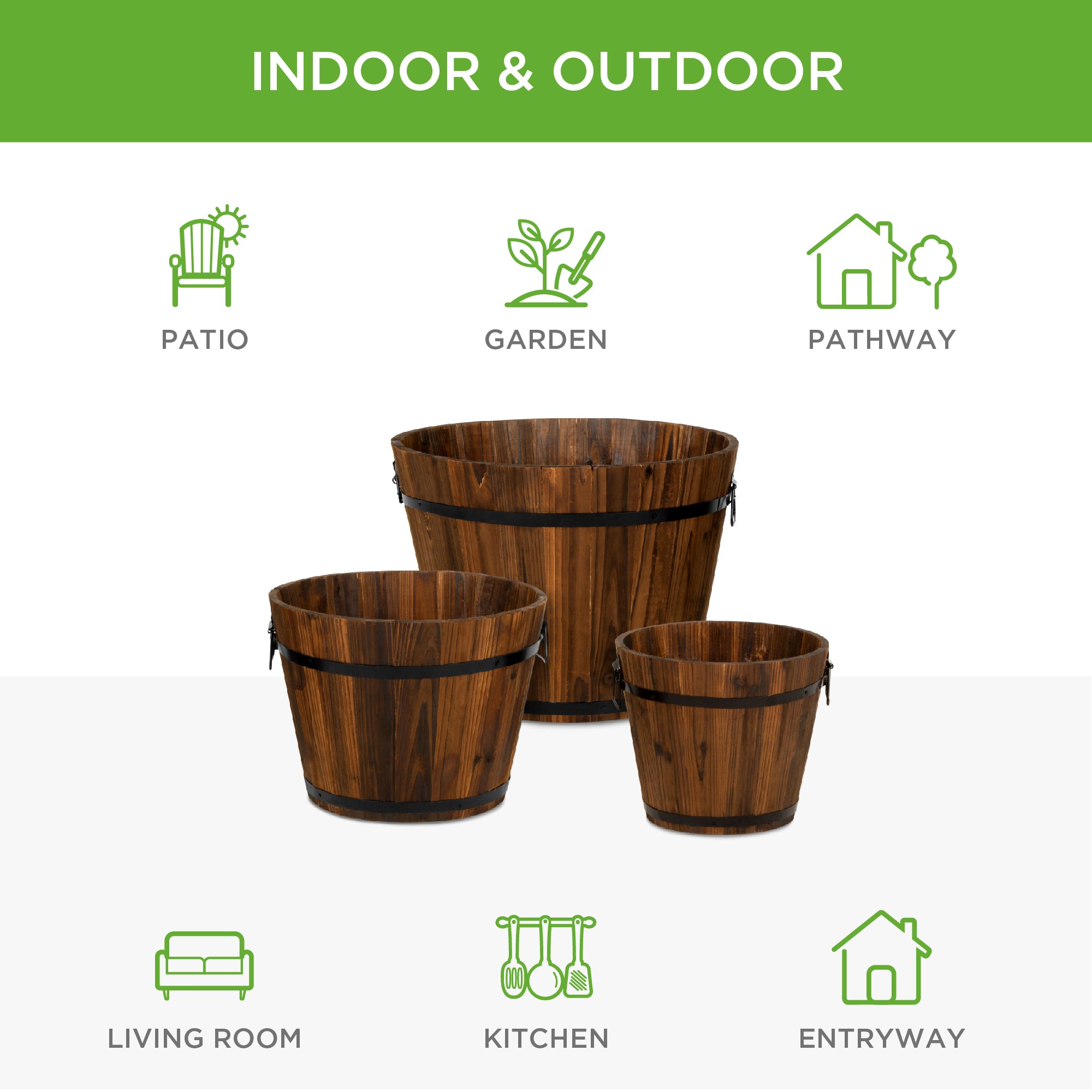 Set of 3 Rustic Wood Bucket Barrel Garden Planters Set w/ Drainage Hol –  Best Choice Products