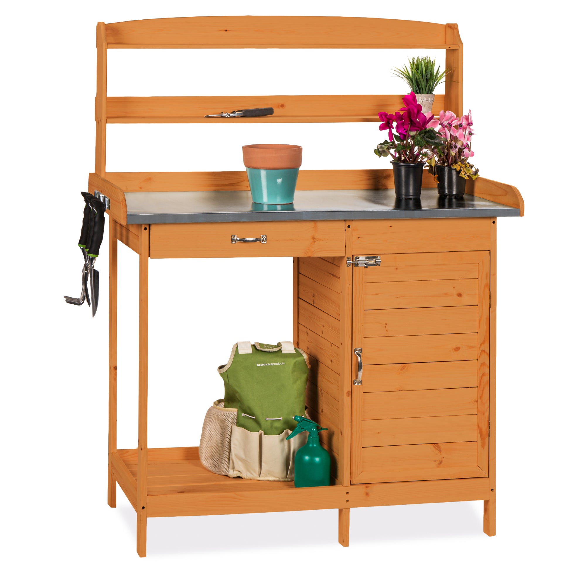 garden planting table potting bench Garden Wooden Potting Bench w/ Metal Table Top
