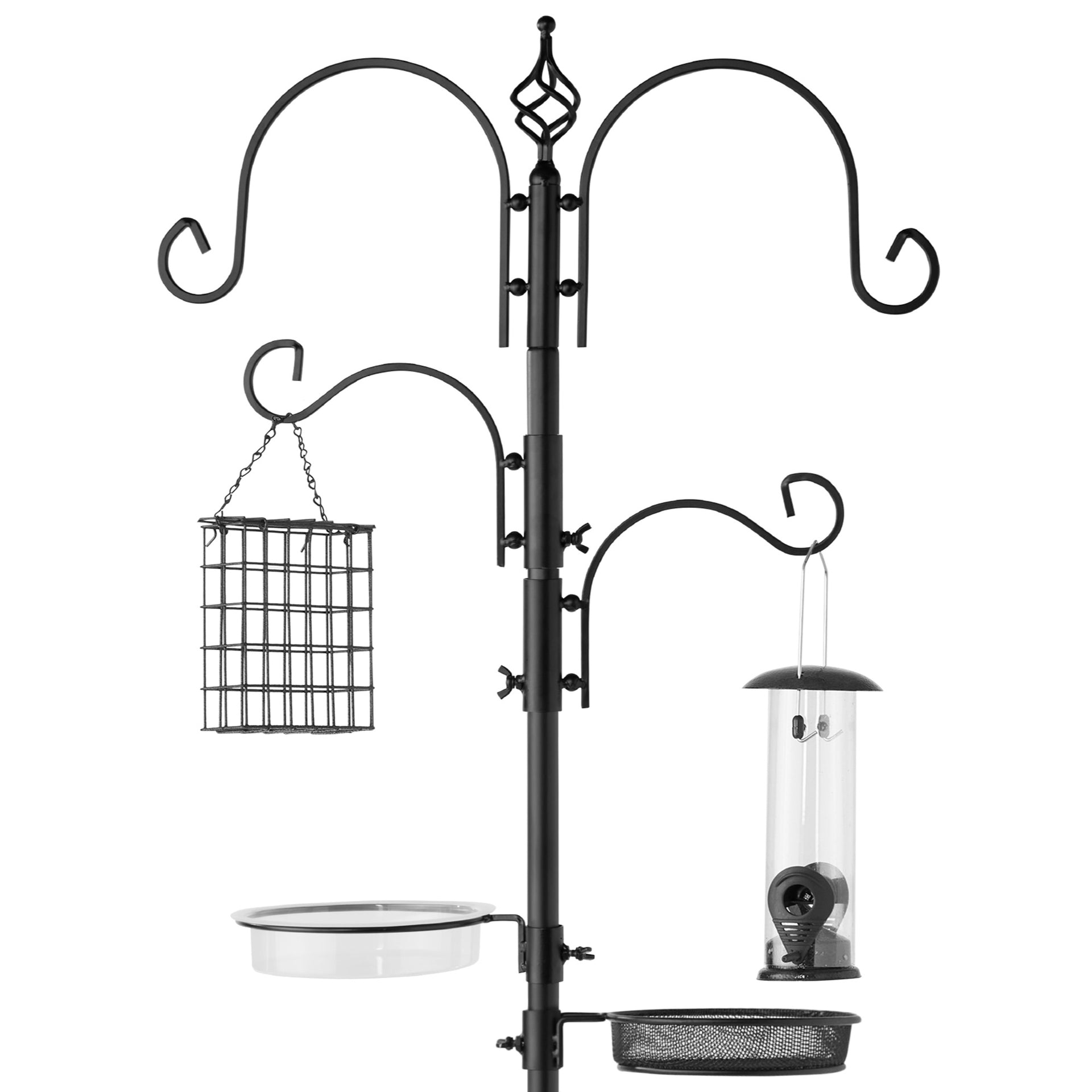 4 Hook Bird Feeding Station Steel Feeder Stand w 2 Bird Feeders 91in