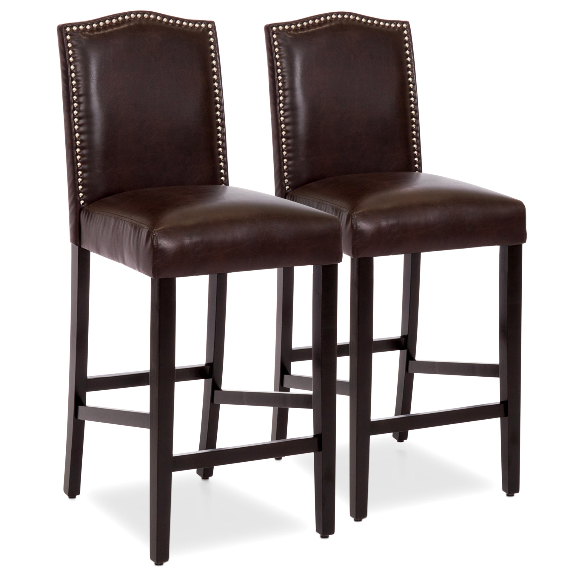 Set 2 30in Faux Leather Counter Height Bar Stools w Studded Trim Back