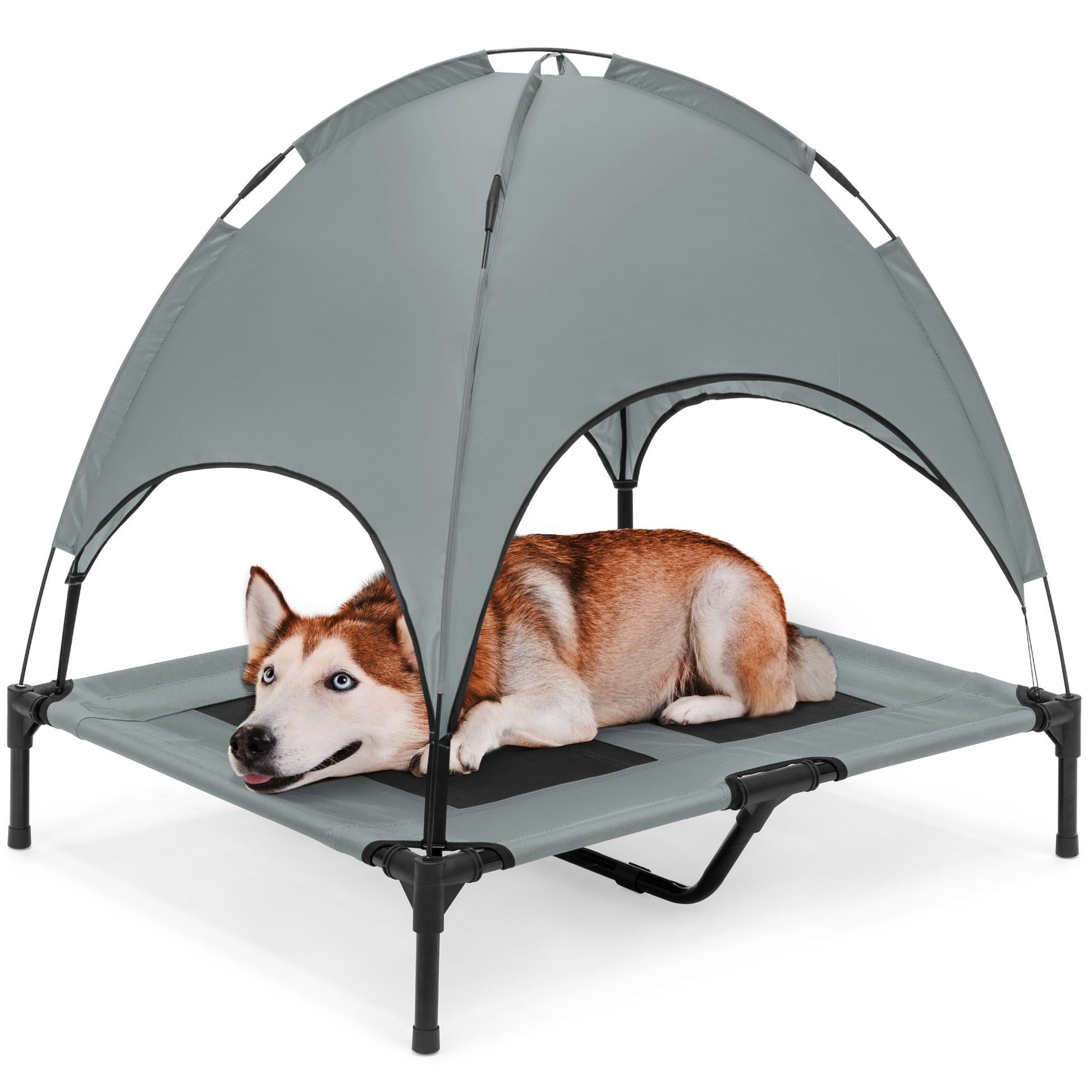dog bag rain or shine tent Best Choice Products 36in Outdoor Raised Mesh Cot Cooling Dog Pet Bed w/ Removable Canopy, Travel Bag