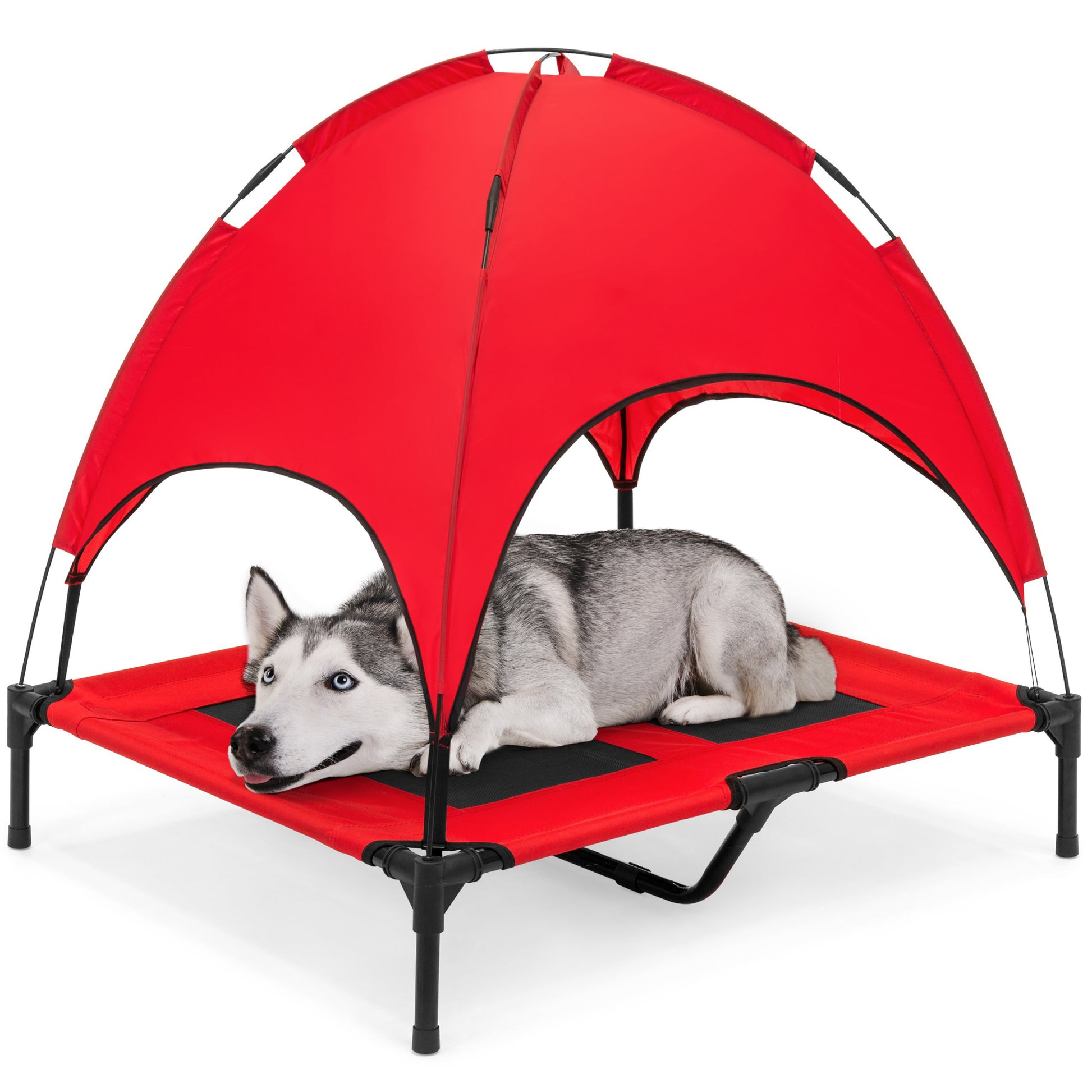 Best Choice Products 36in Outdoor Raised Mesh Cot Cooling Dog Pet Bed w/ Removable Canopy, Travel Bag