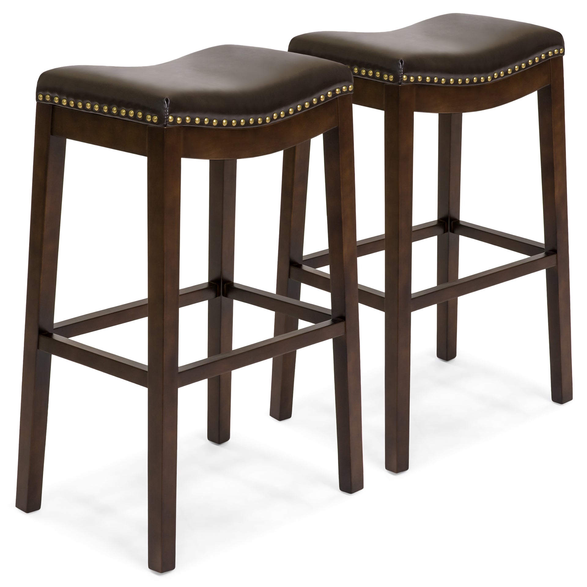 Set 2 31in Backless Bar Stool Accent Chairs w Faux Leather Brass Studs
