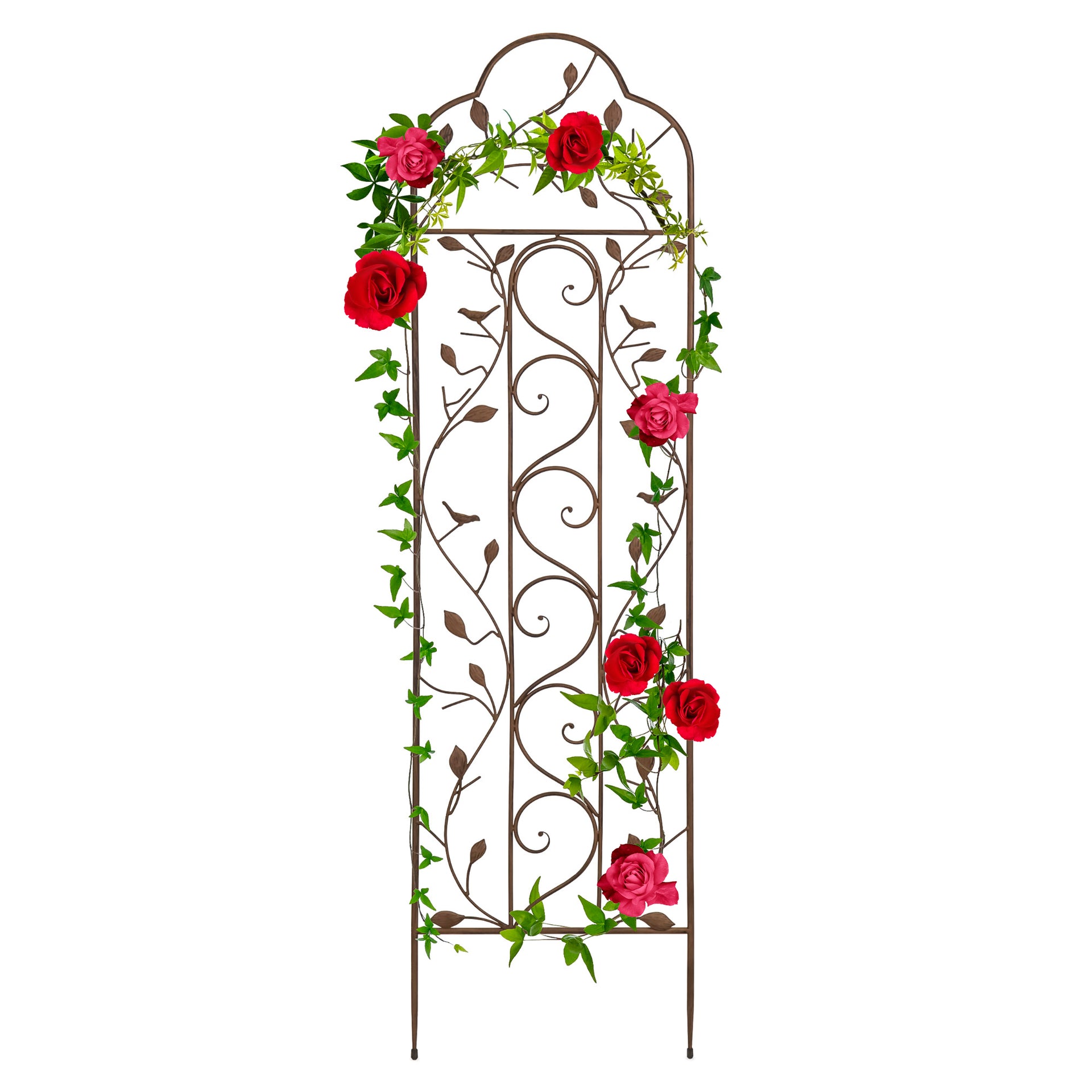 Iron Arched Garden Trellis Fence Panel w Branches Birds 60x15in