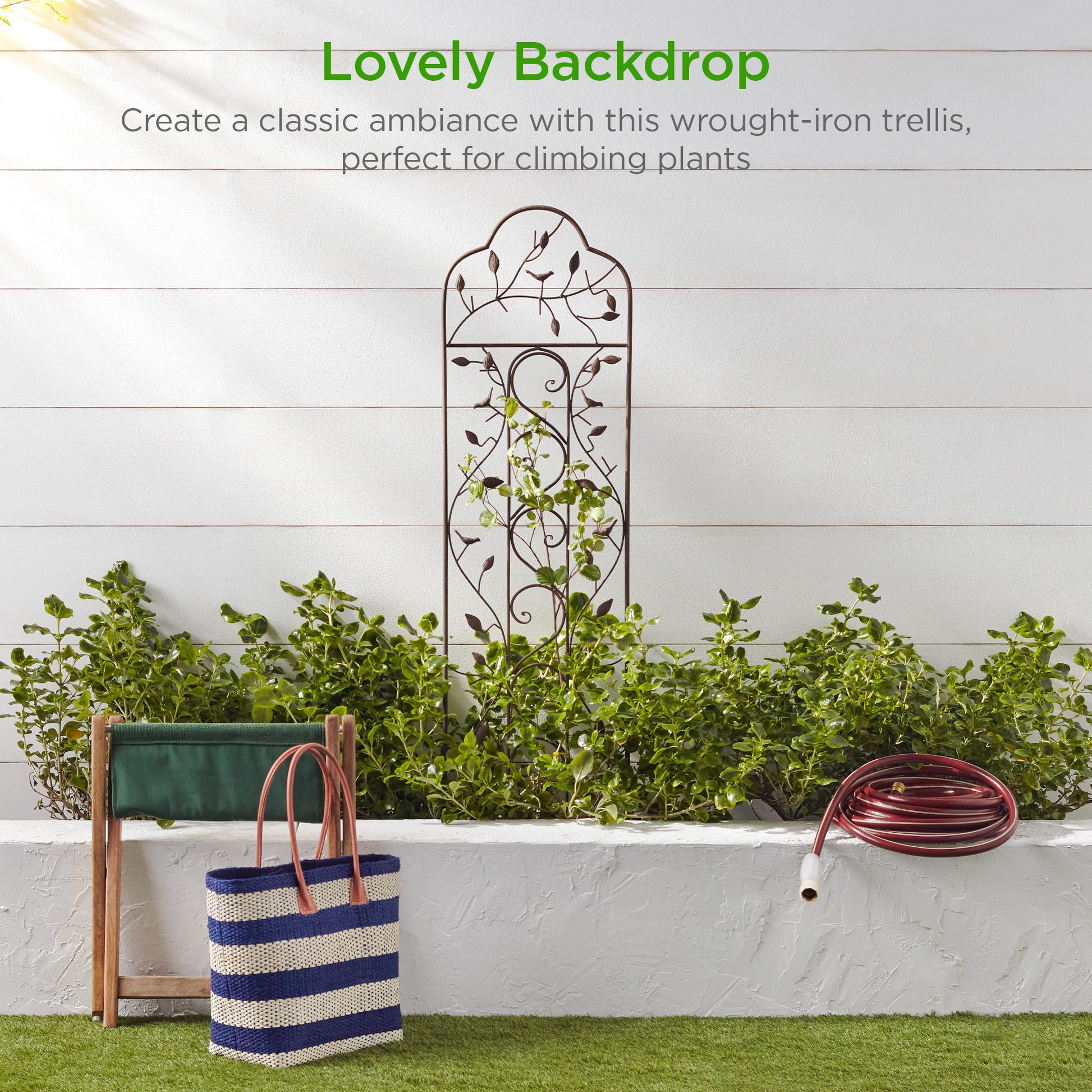 iron trellis with planter Iron Arched Garden Trellis Fence Panel w/ Branches, Birds