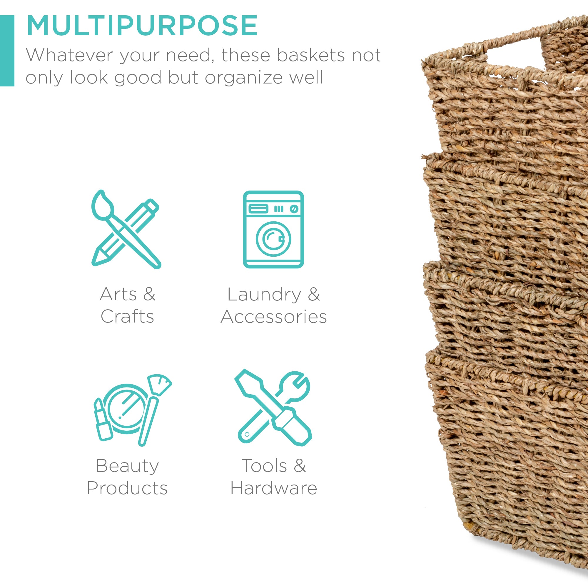 Best Choice Products Set of 4 Multipurpose Stackable Seagrass Storage Laundry Baskets with Insert Handles - Brown