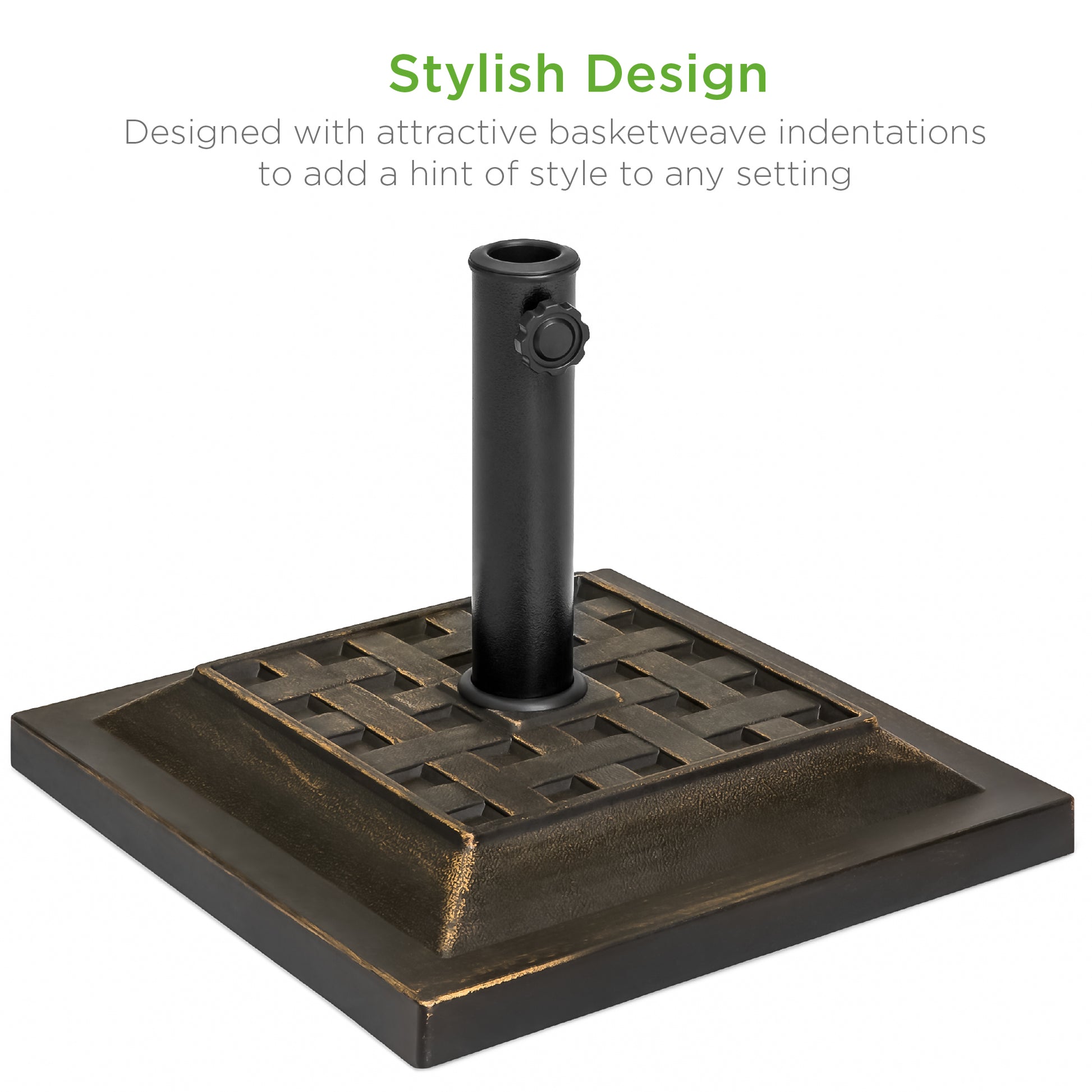 black square patio umbrella Best Choice Products 26lb Heavy-Duty Steel Square Patio Umbrella Base Stand w/ Decorative Basketweave Pattern