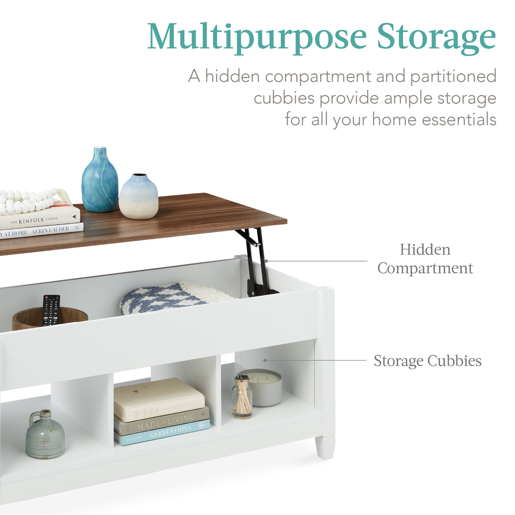 Multifunctional Lift Top Coffee Table w/ Hidden Storage, 3 Cubbies