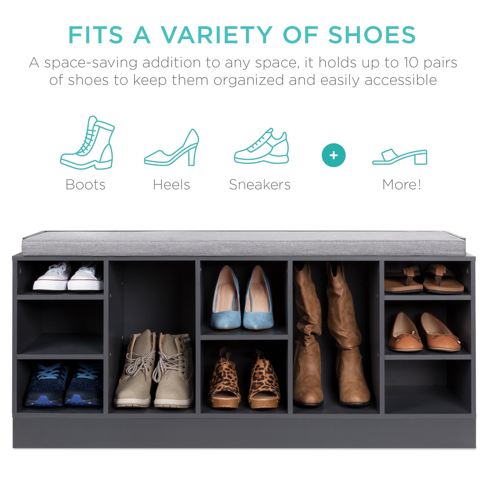 Shoe Storage Rack Bench w/ Padded Seat, 10 Cubbies 46in – Best