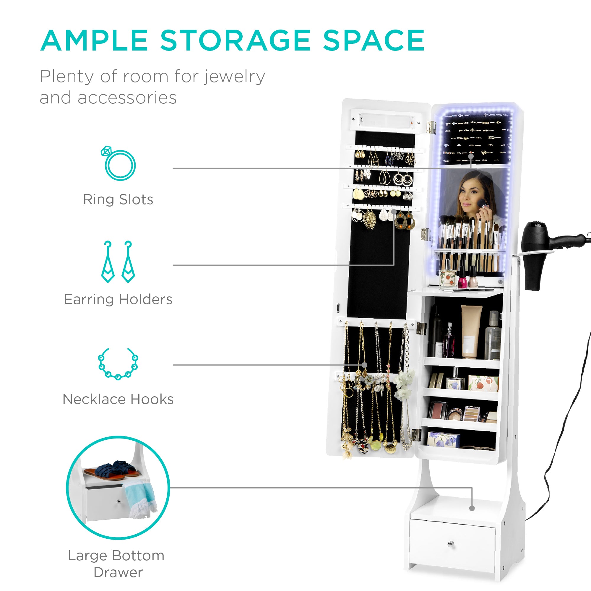 Standing Full Length LED Mirror Jewelry Armoire w/Interior & Exterior Lights