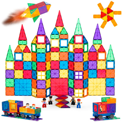 Playmags 150-Piece Magnetic Tiles Building Set – 3D Magnet Building Blocks,  Creative Imagination, Inspirational, Educational STEM Toys for Kids with 1