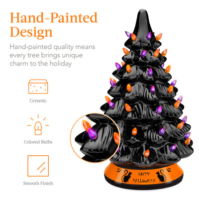 Best Choice Products 15in Pre-Lit Ceramic Tabletop Halloween Tree, Holiday Decoration w/ Orange & Purple Bulb Lights