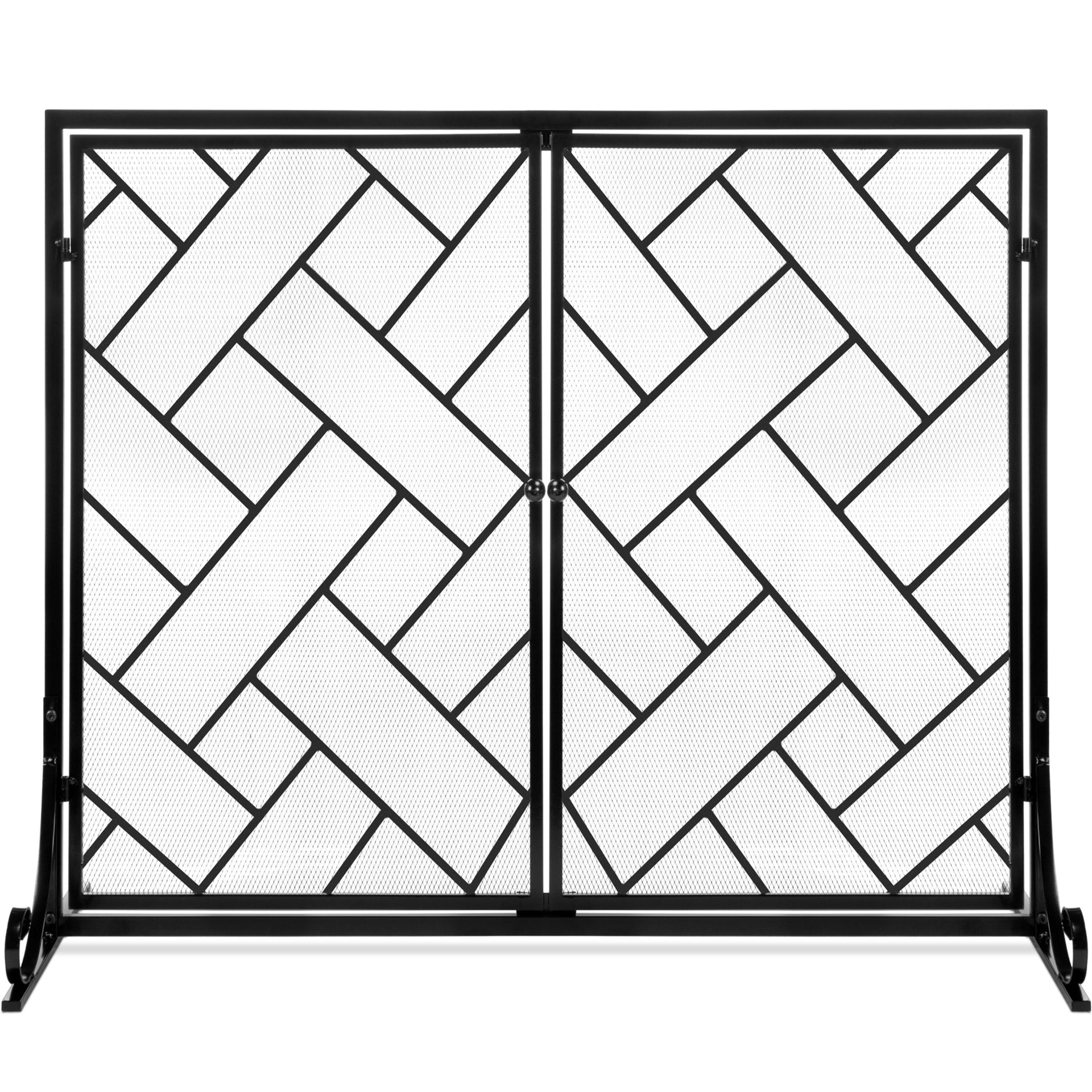 2 Panel Wrought Iron Geometric Fireplace Screen w Magnetic Doors 44x33in