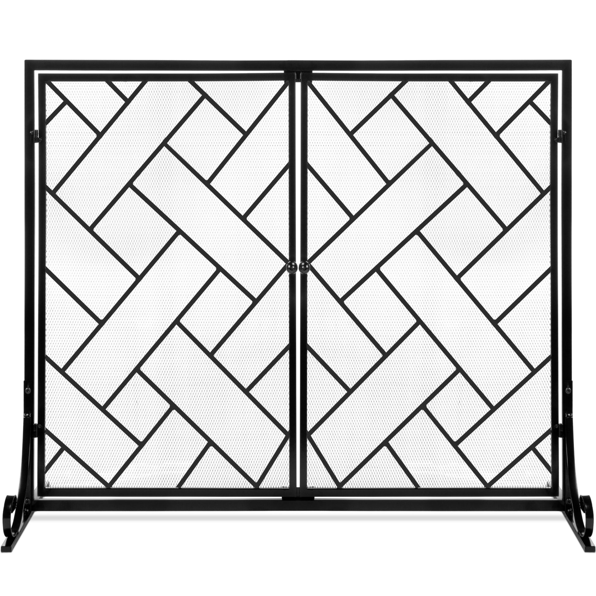 2-Panel Wrought Iron Geometric Fireplace Screen w/ Magnetic Doors - 44x33in