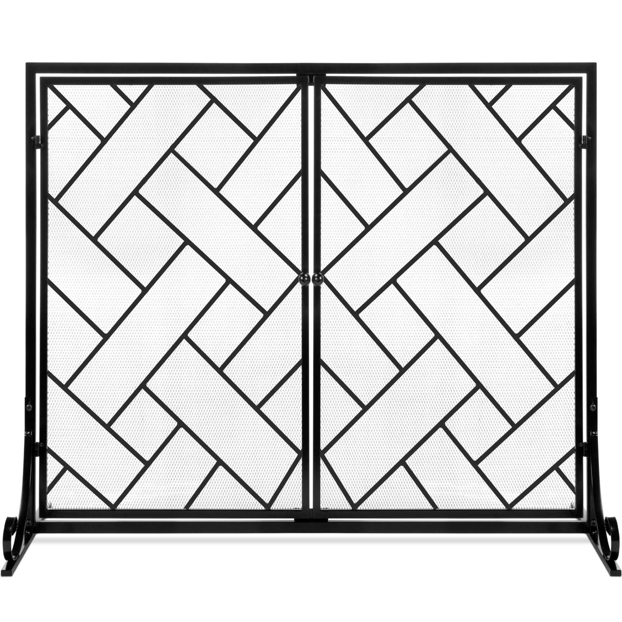 2-Panel Wrought Iron Geometric Fireplace Screen w/ Magnetic Doors - 44x33in