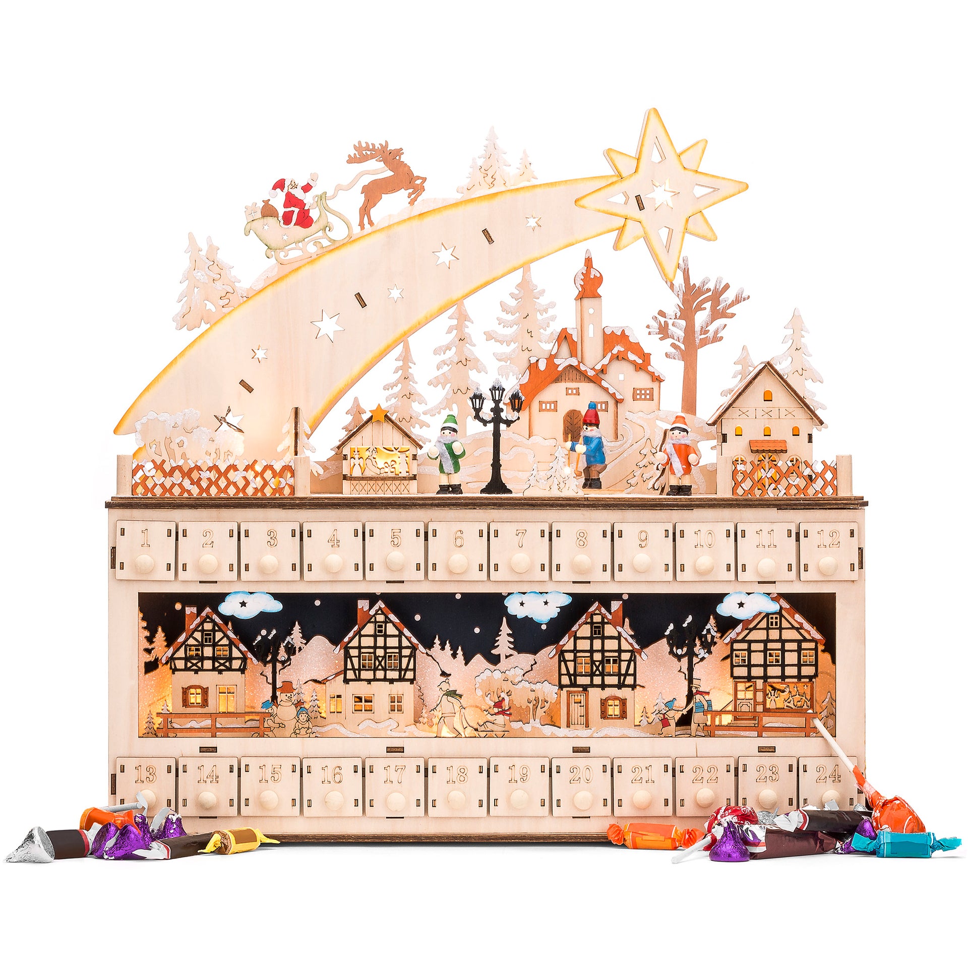 Wooden Christmas Shooting Star Advent Calendar w LED Light Background