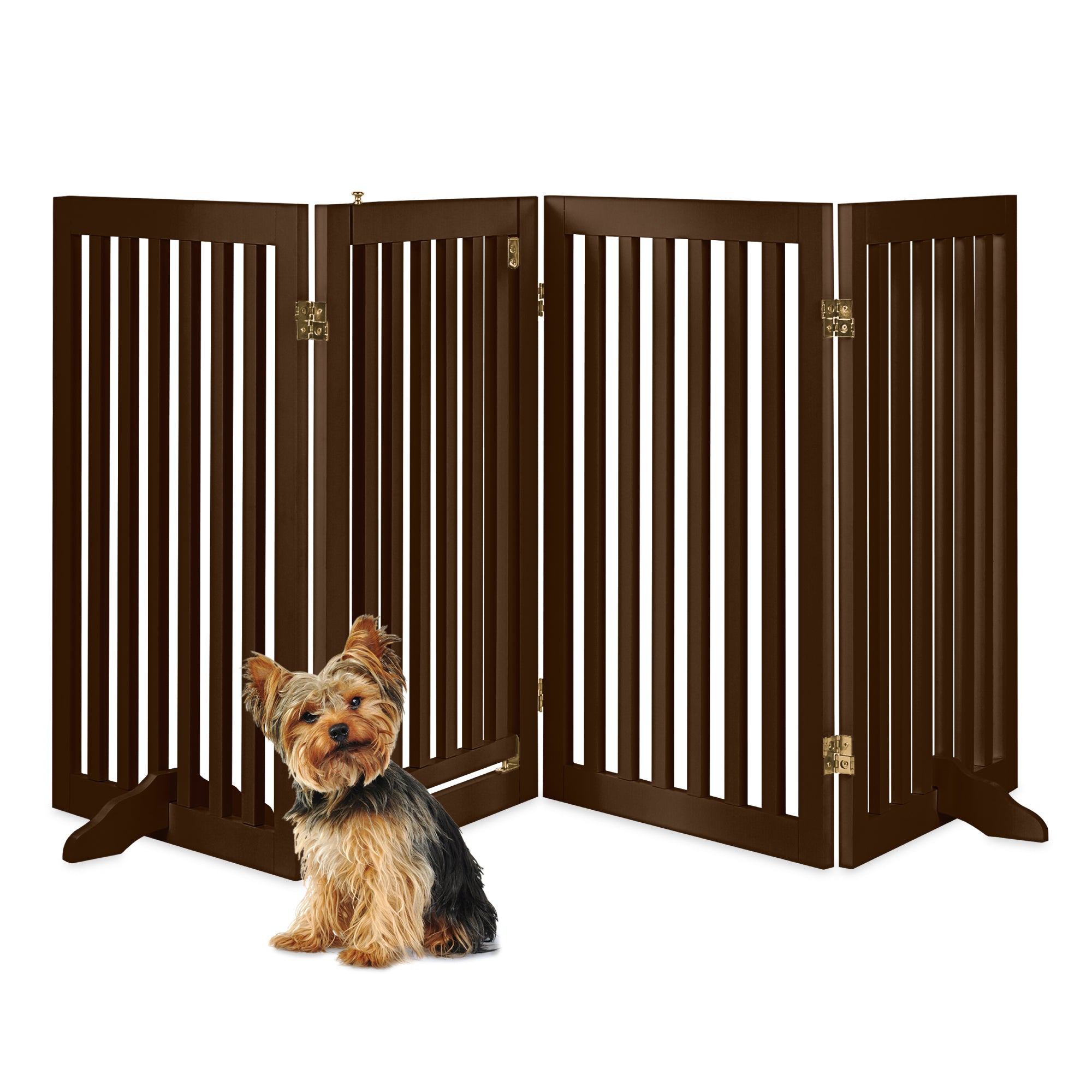 31.5in 4 Panel Freestanding Wooden Pet Gate w Door Support Feet