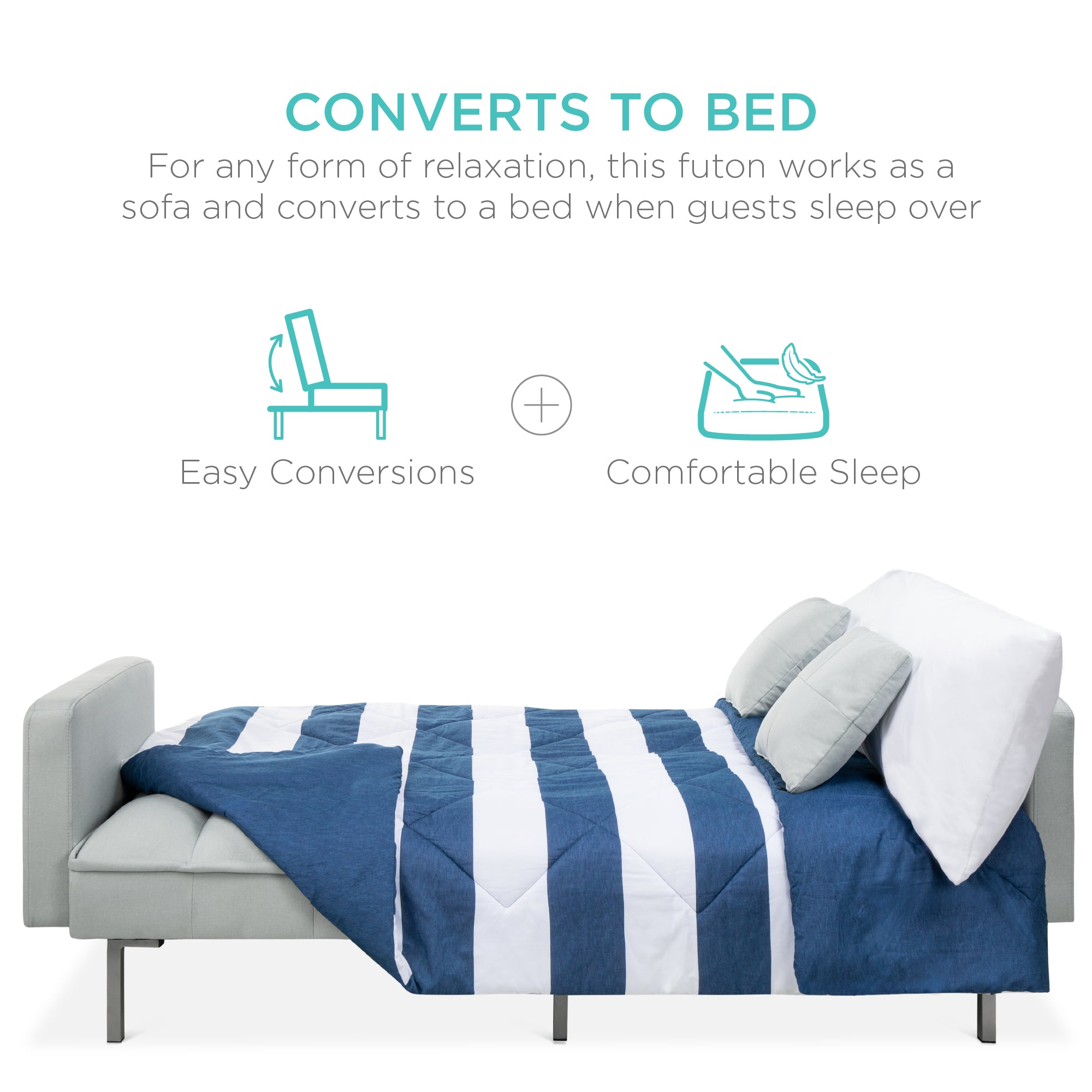 Convertible Linen Tufted Futon w/ 2 Plush Pillows, Split-Back Design