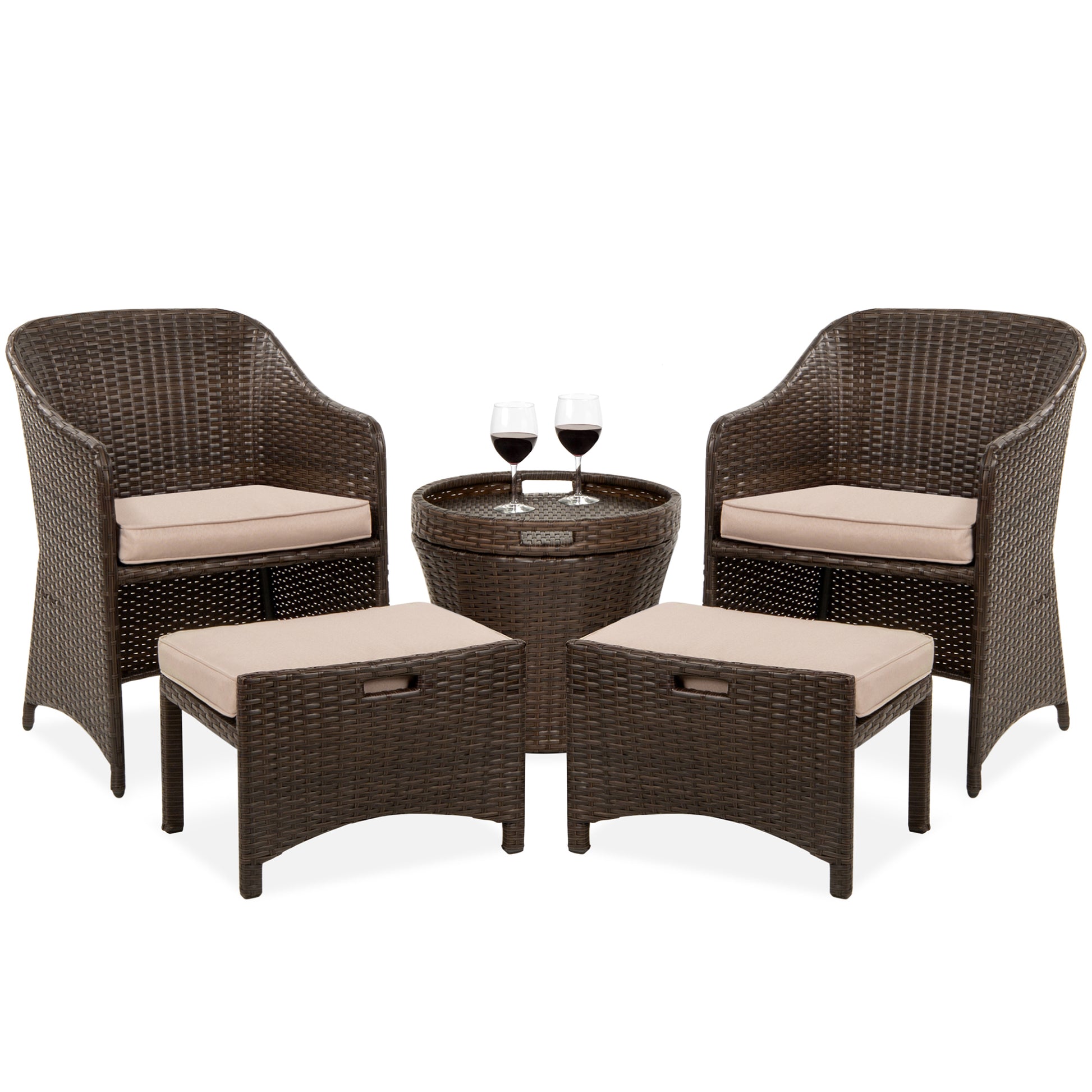 5-Piece Outdoor Wicker Bistro Set w/ Side Storage Table, No Assembly