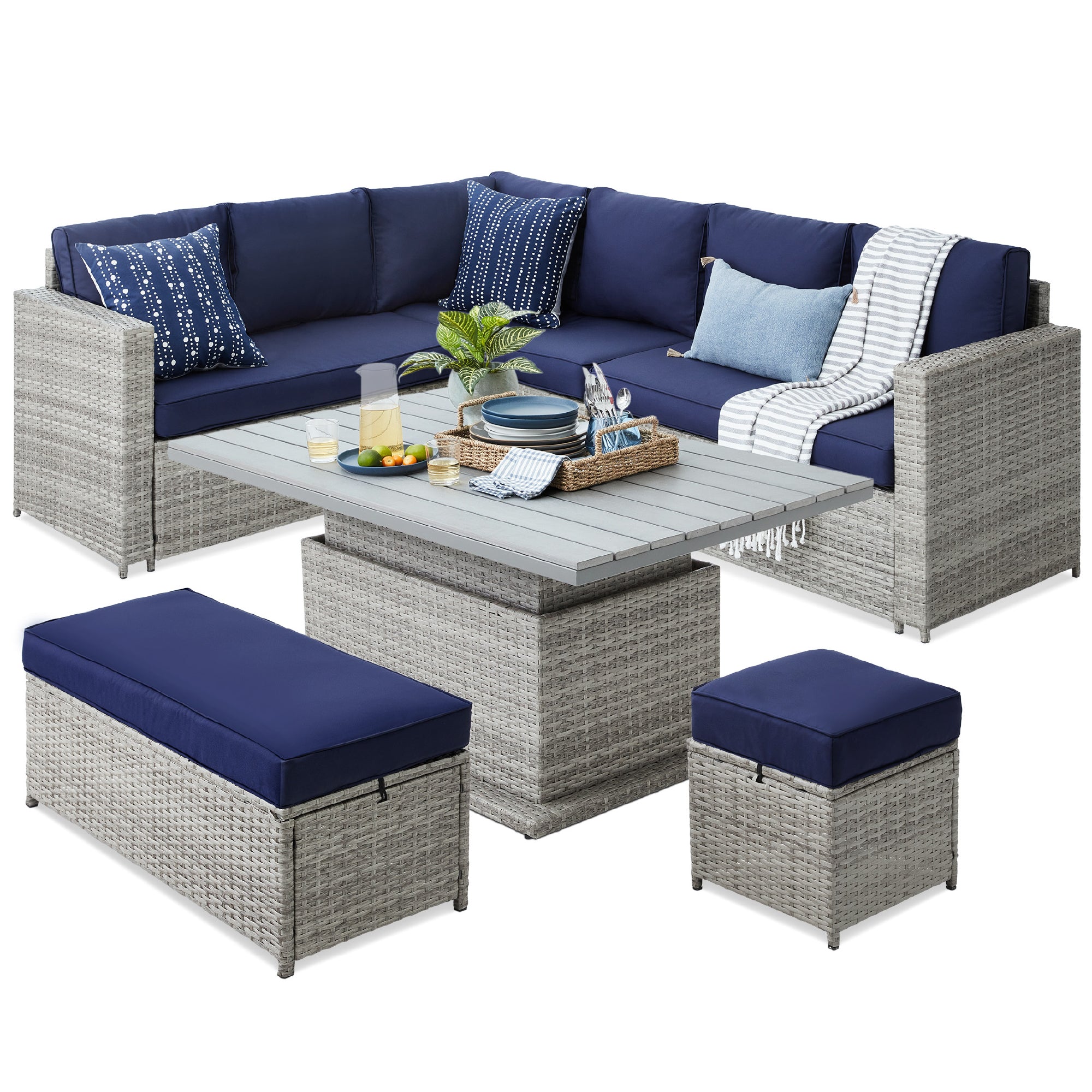 Best Choice Products 6 Piece Wicker Conversation Sofa Set 2 In 1 Outdoor Patio Furniture W Height Adjule Dining Table Weather Resistant