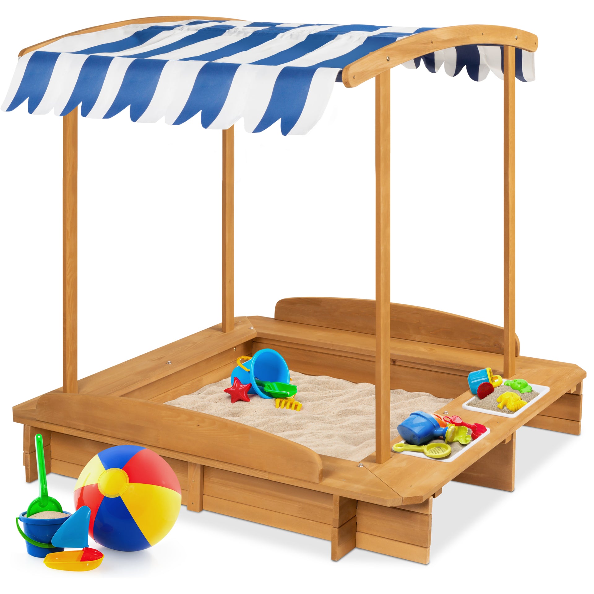 Wooden Cabana Sandbox w Benches Canopy Shade Cover 2 Buckets