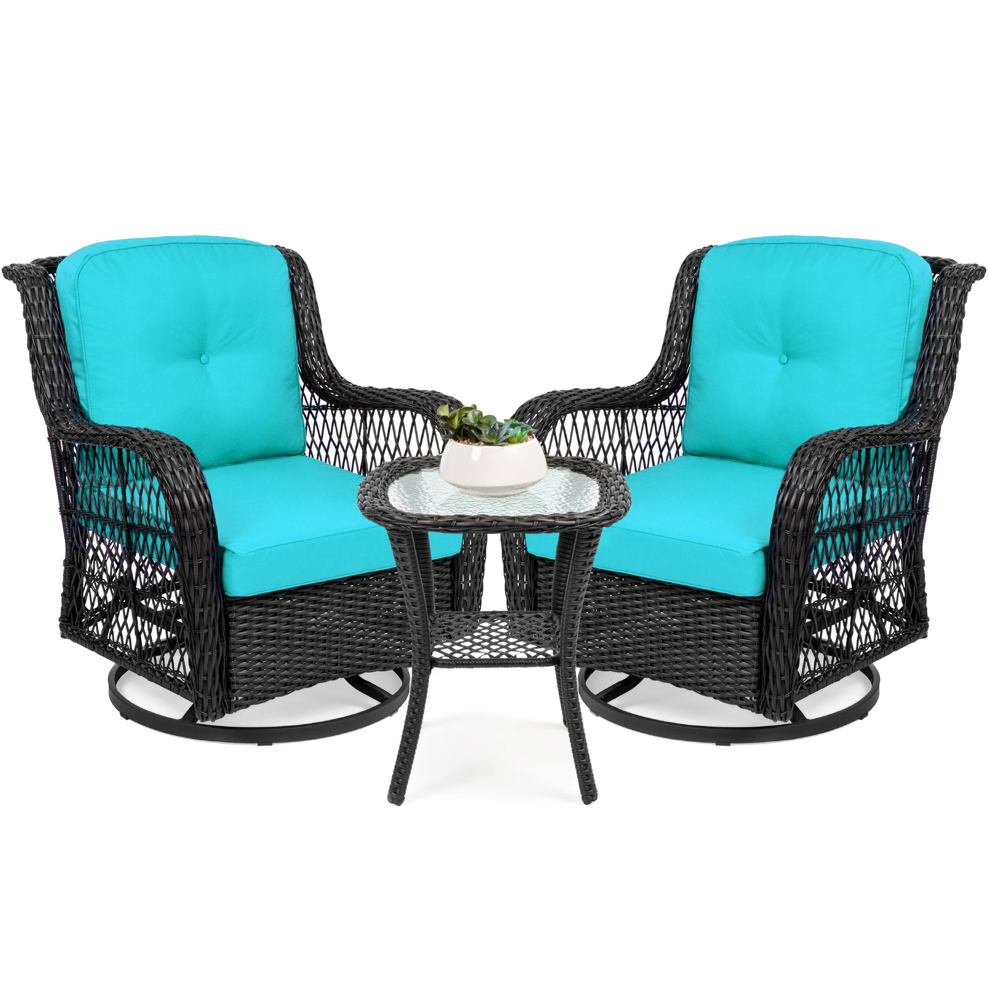 3-Piece Patio Wicker Bistro Furniture Set w/ 2 Swivel Rocking Chairs, Table