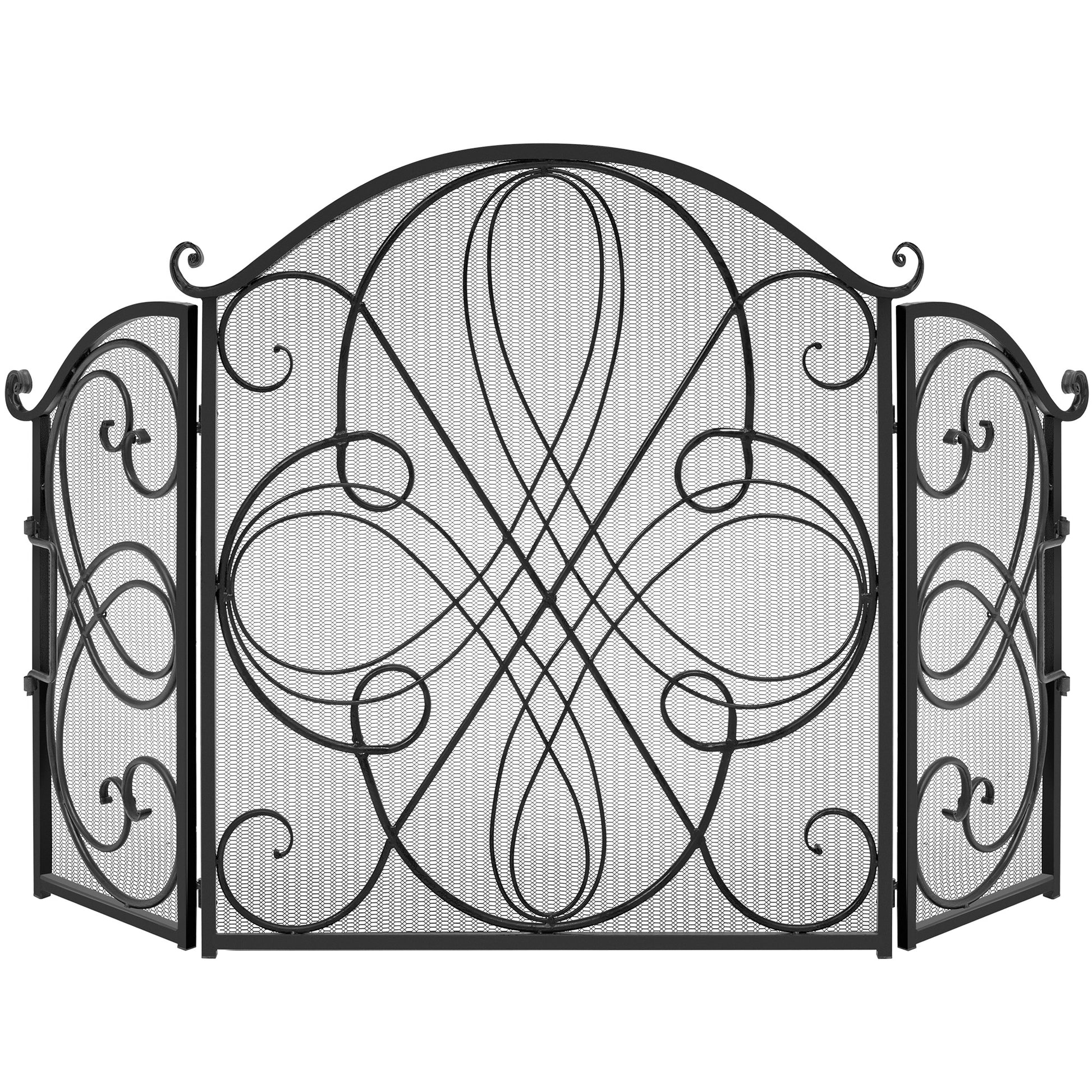 3-Panel Wrought Iron Metal Fireplace Screen Cover w/ Scroll Design - 55x33in