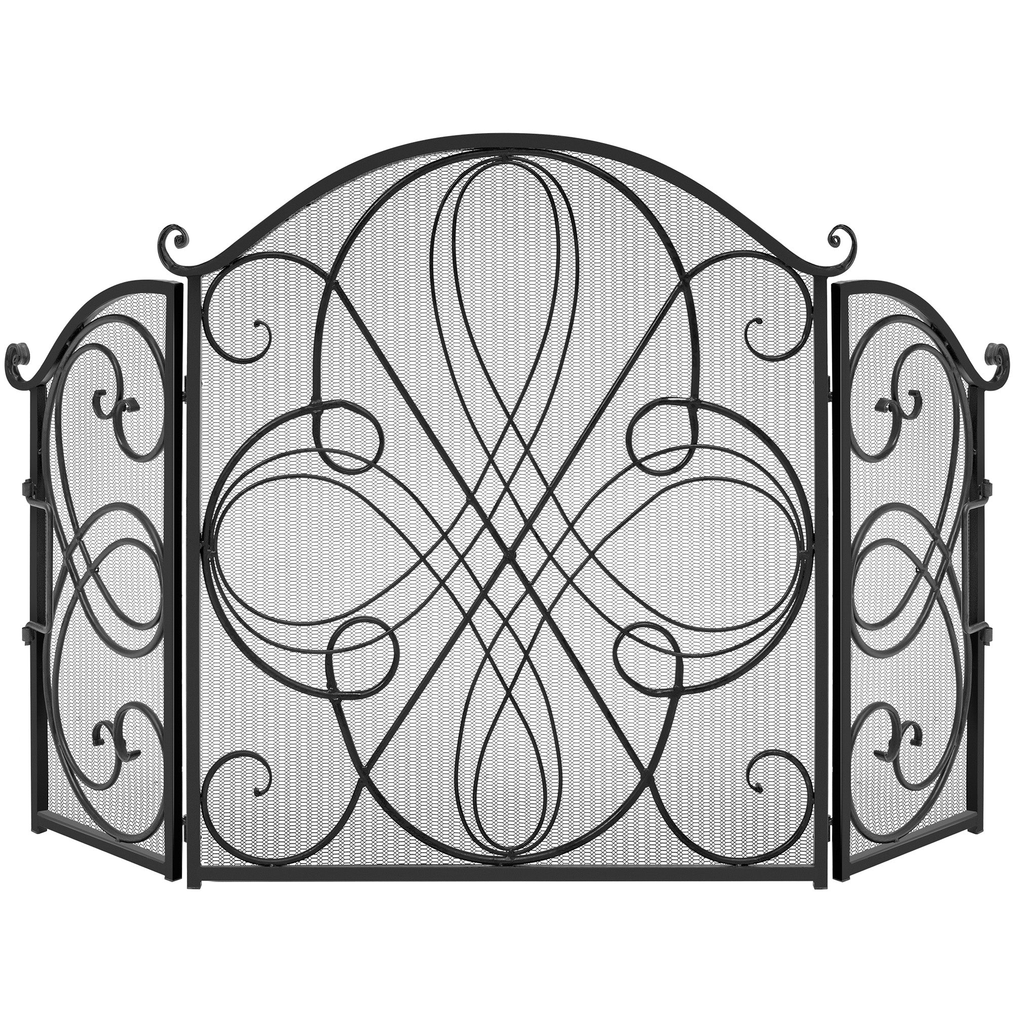 3-Panel Wrought Iron Metal Fireplace Screen Cover w/ Scroll Design - 55x33in